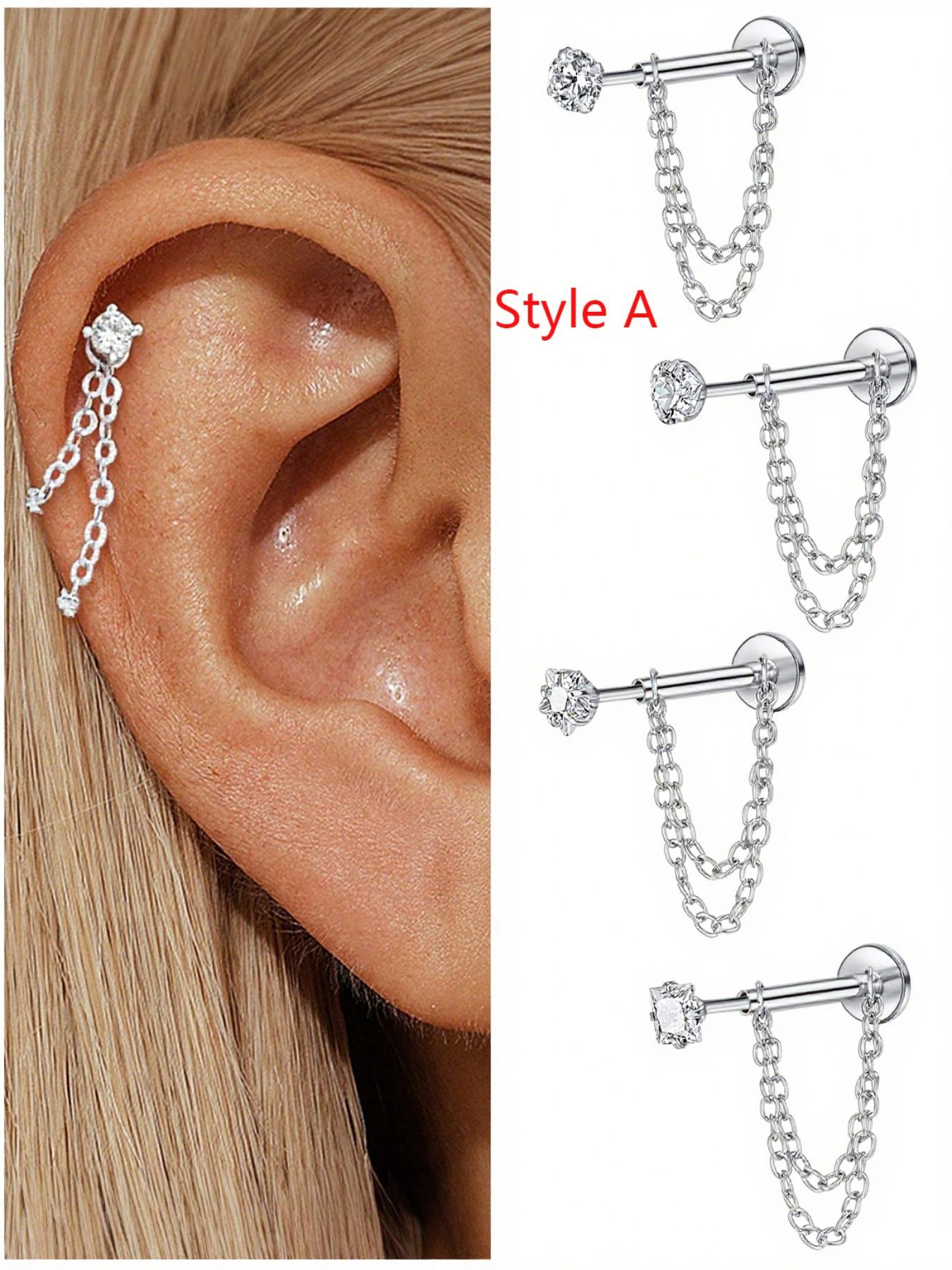 Unisex Stainless Steel Cubic Zirconia Earrings, 20G Push-Back Studs with Double Chain Design, Fashion Ear Jewelry, Trendy Jewelry Accessories, Perfect Gift