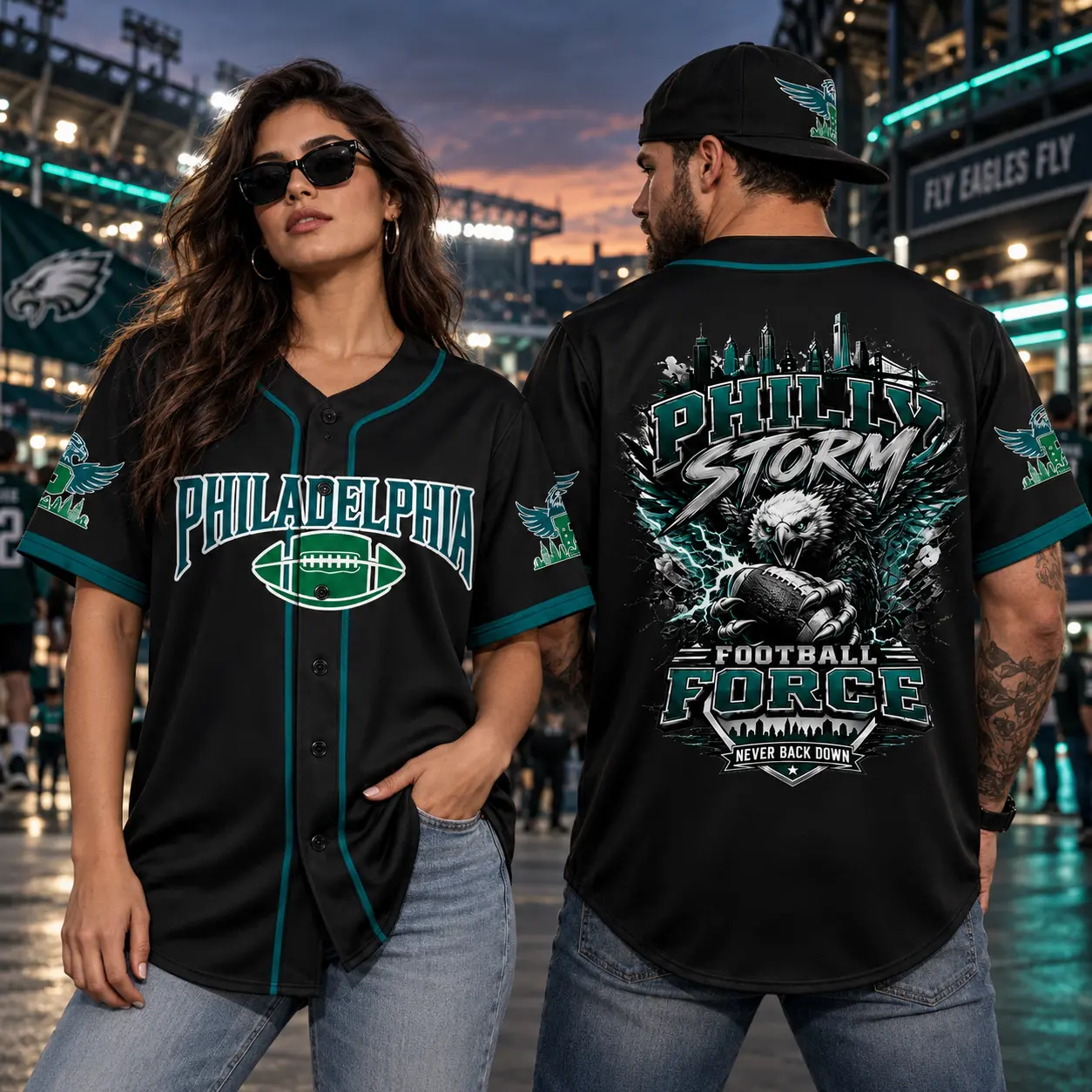 Philadelphia Storm Eagle Graphic Unisex Short Sleeve Button-Front Jersey - Men’s/Women’s Black Teal Sports Fan Top, Game Day Outfit, Tailgate Watch Party Streetwear Gift