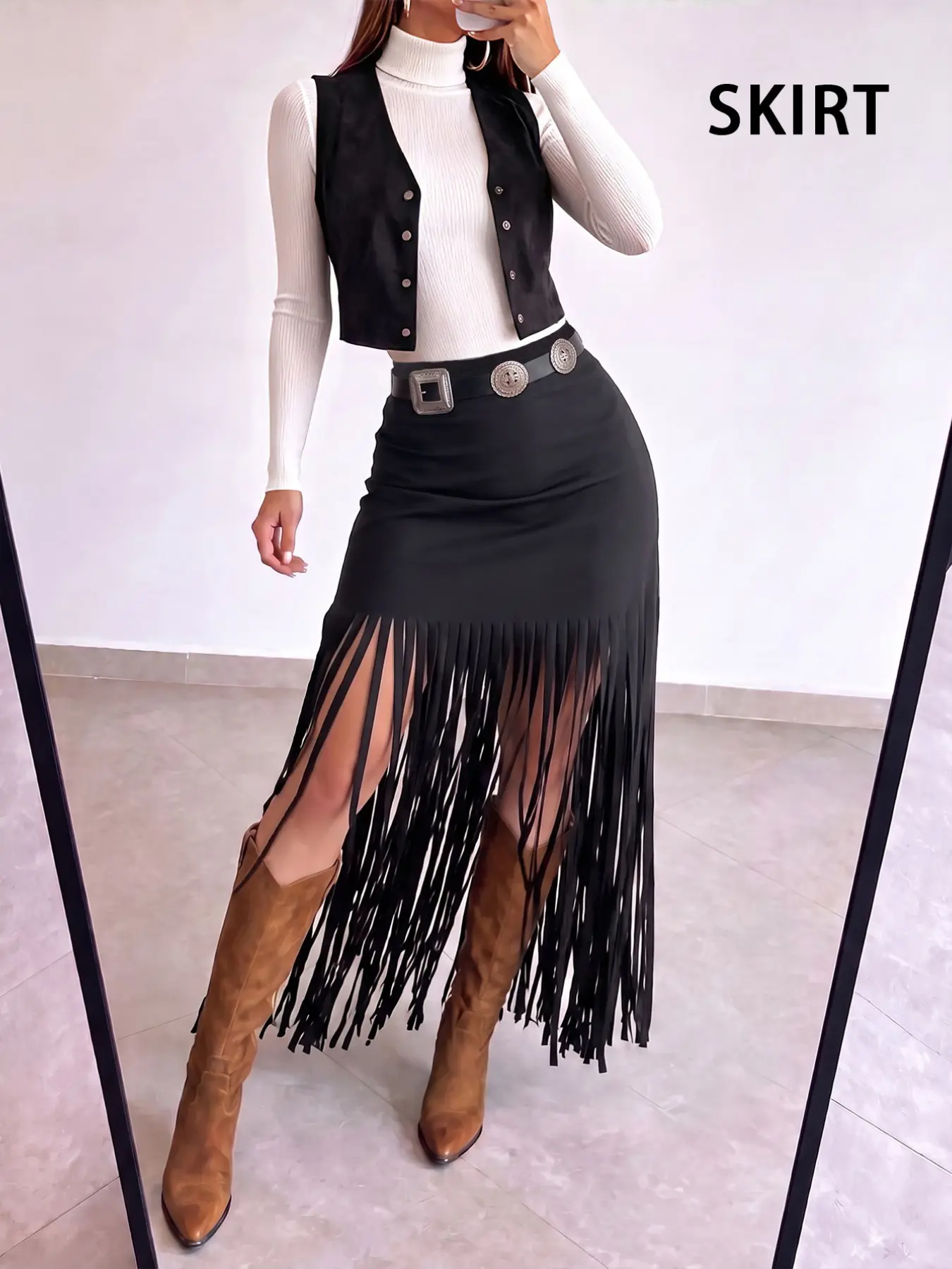 Elegant Punk Style Y2K Women's Summer Solid Color Waistband Elastic Band Hem Fringe Fitted Midi Skirt, Fashionable and Stylish Design