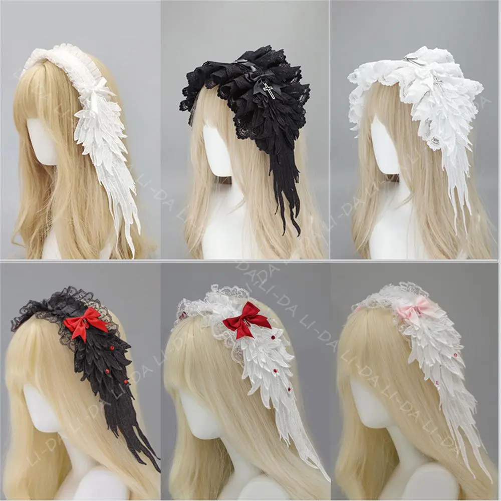 New Gothic Lolita Headwear Angel Wings Lace Bow Headdress Harajuku Steampunk Y2K  Headband Kawaii Original Hair Accessories