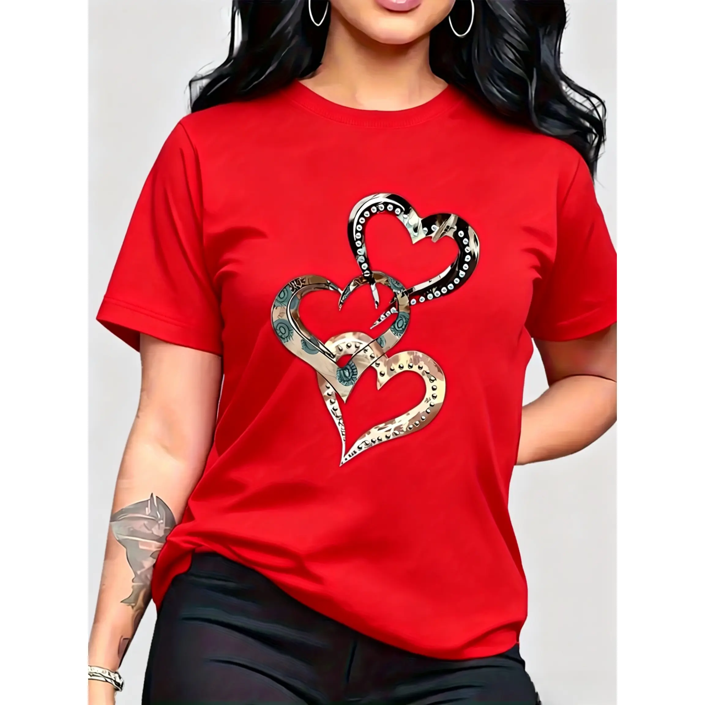 Women's 100% Cotton Crew Neck Short Sleeve T-Shirt - Loose Boxy Fit, Comfortable Breathable, Silver Interlocking Heart Metallic Print - Everyday Casual Tops for Daily Wear, Anniversary Gift