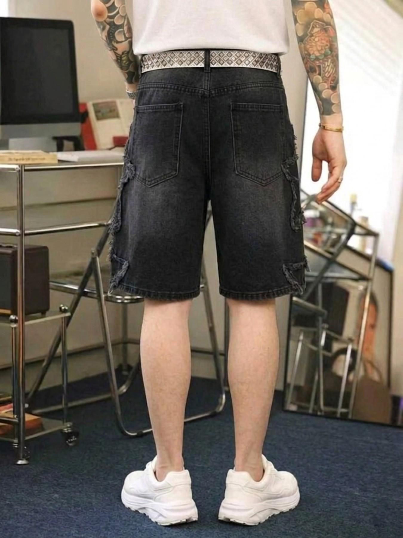 Summer Men's Retro Denim Shorts, Denim Look, Classic, Star Design, Pocket, Loose-Fitting, Plain Pattern, Casual Streetwear, Daily Wear, Comfortable and Stylish