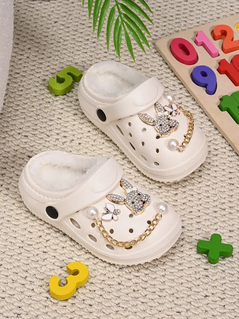 Water Drill Rabbit Butterfly Pearl Chain Fuzzy Warm Shoes, Girl Winter Anti-Slip Plush Toe Slippers, Casual Eva Material, Butterfly Pattern Slippers, Fuzzy House Slippers