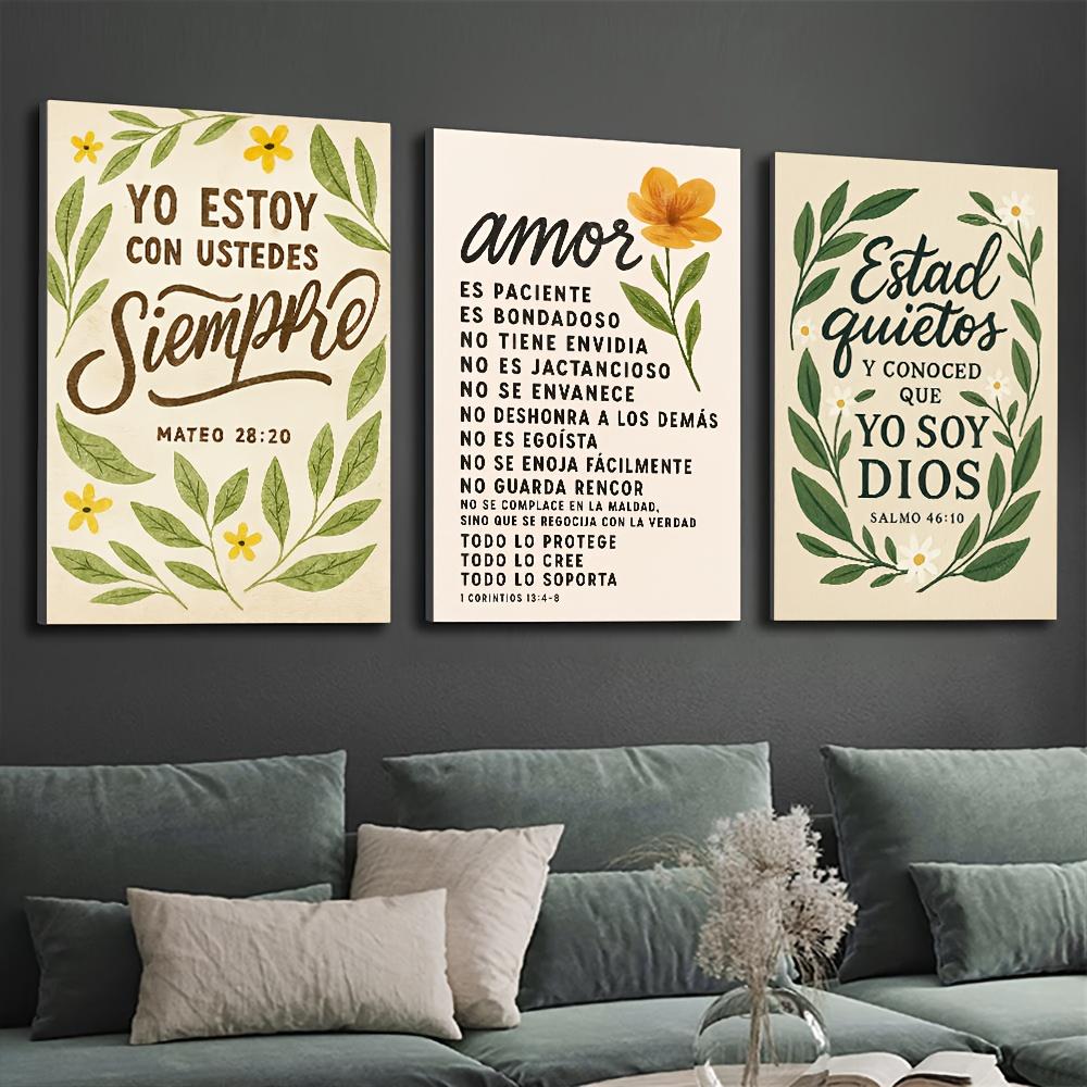 3pcs Religious Canvas Wall Art, Spanish Bible Text, Floral Elements, Wooden Frame, Home Office Church Decor, Jesus Theme Gift
