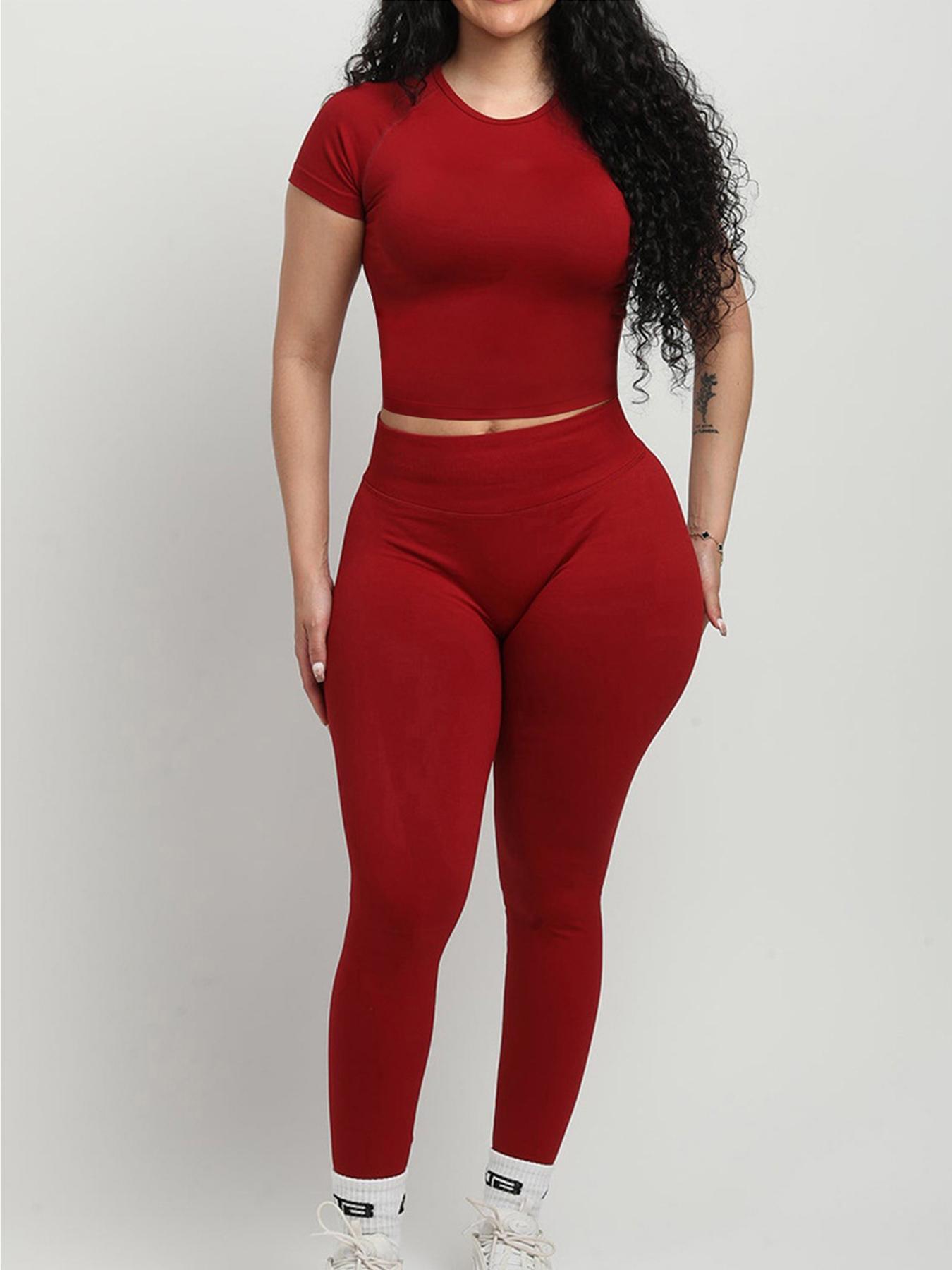 Seamless Workout Sets for Women 2 Piece, Women's Sporty Slim Fit Knitted Set, Round Neck Seamless T-Shirt Tank Top + Mid Waist Butt-Lifting Pants, Outdoor Running Yoga GYM Tracksuit Sets for Women, Sportswear For Gym