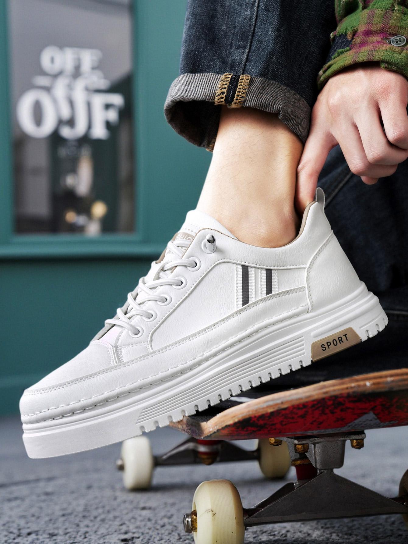 Men's Summer Thick Sole Sneakers, Simple Striped Casual Board Shoes, Soft Leather Breathable Lightweight, Height Boosting Slim Fit, Versatile Daily Wear