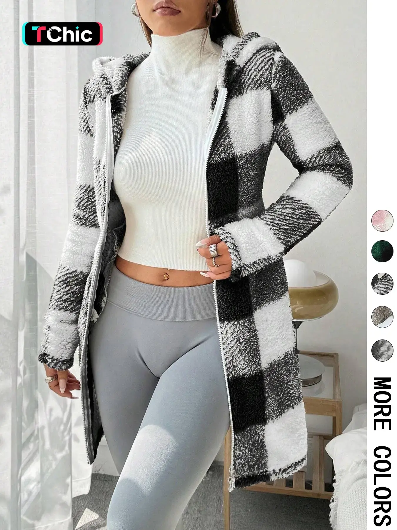 Women's Plaid Fleece Hooded Coat, Casual, Fitted, Soft Fluffy Fabric & Full Zip Closure & Mid-Length Silhouette & Multiple Color Options, Fashion Casual Outerwear, Womenswear