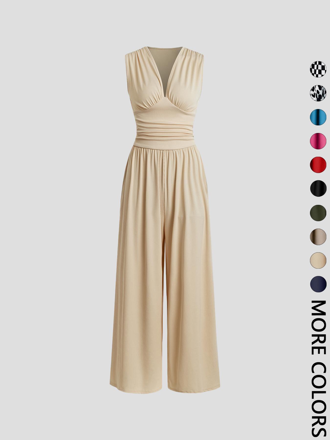Women's Plain Ruched Deep V Neck Jumpsuit, Elegant Sleeveless Wide Leg Jumpsuit for Summer, Ladies Clothes for Beach Holiday Vacation Style Women's Plain Ruched Deep V Neck Jumpsuit, Elegant Sleeveless Wide Leg Jumpsuit for Summer, Ladies Clothes for Beach Holiday Vacation Style