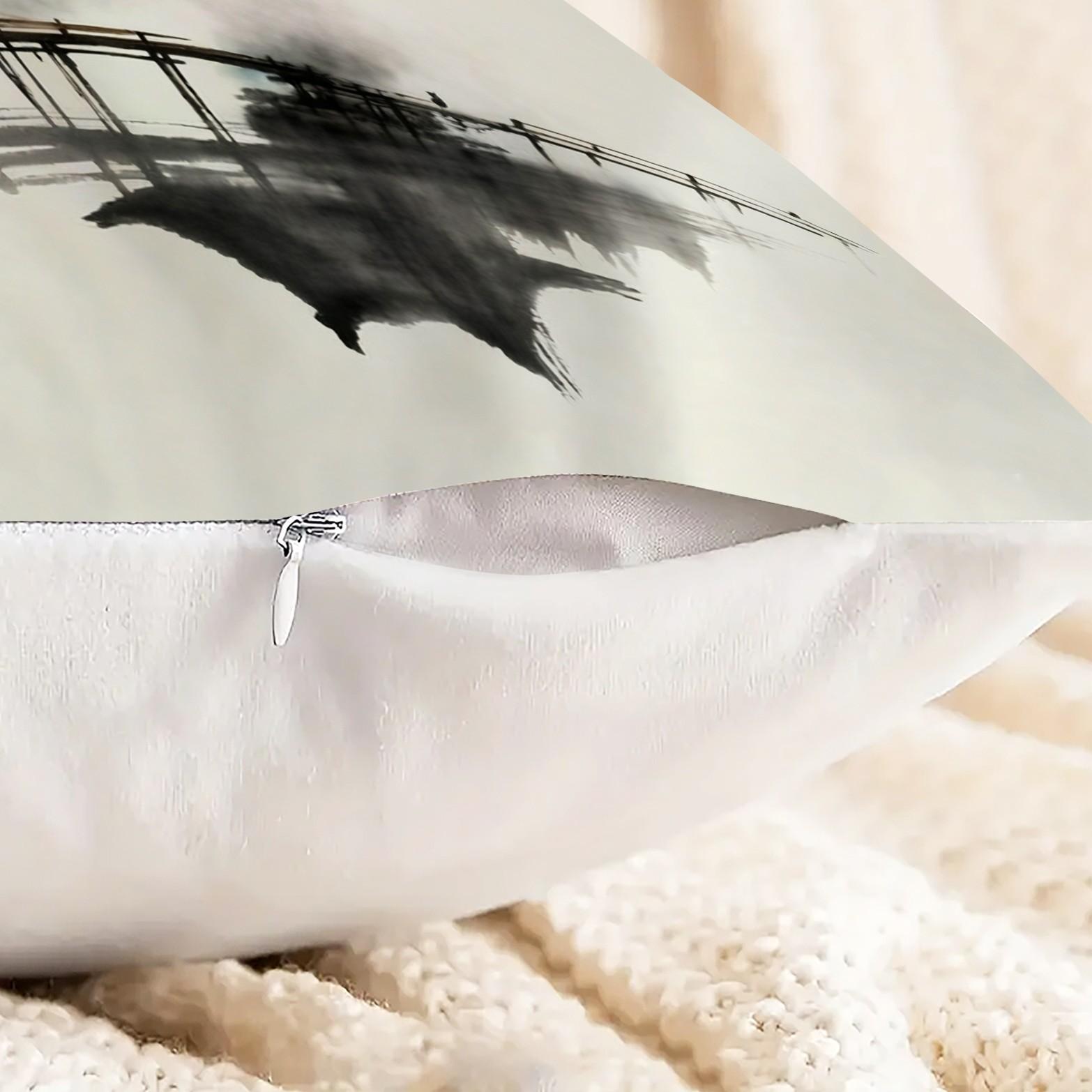 1 Pack 18×18 Inch Asian Ink Wash Landscape Throw Pillow, Mountain Scenery Print Decorative Accent Cushion, HD Digital Print Zippered Pillowcase, Non-Fade Home Decor Cushion for Sofa, Bed, Living Room, Bedroom