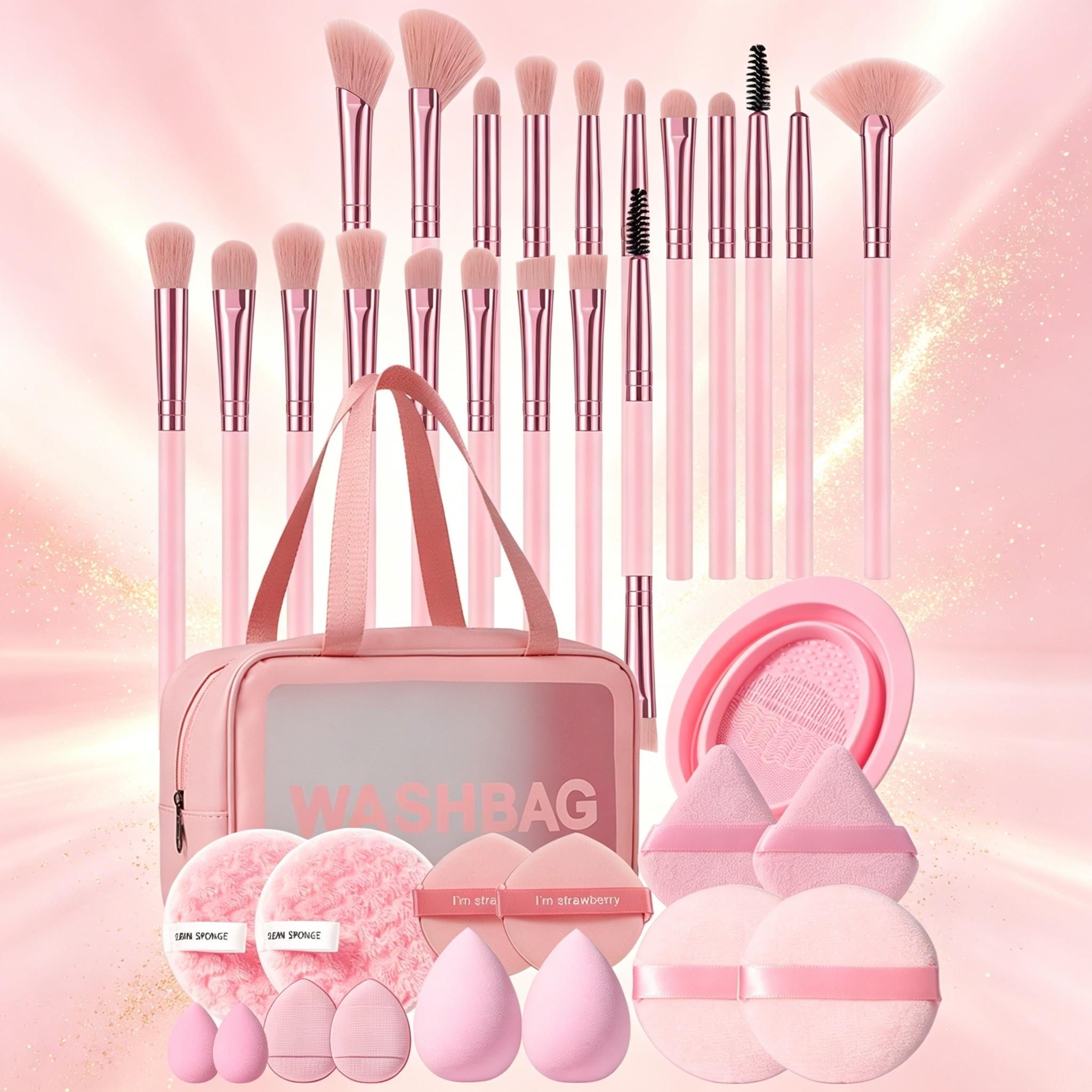 36-Piece Makeup Tool Set, Includes 20 Brushes, Waterproof Cosmetic Bag, Sponge Pads, Powder Puffs, Face Cleanser Sponge, Brush Cleaner