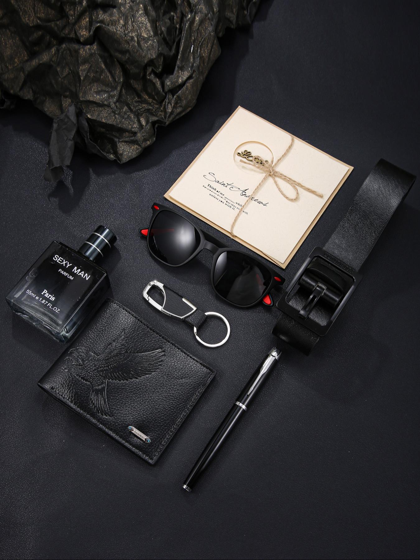 Men's Classic Belt Set, Includes Wallet, Perfume, Glasses, Pen, Keychain, Greeting Card, Perfect Gift Bundle, Surprise Gifts, Perfect Gift for Valentine's Day, Father's Day, Christmas, Party Gift, Birthday Gift
