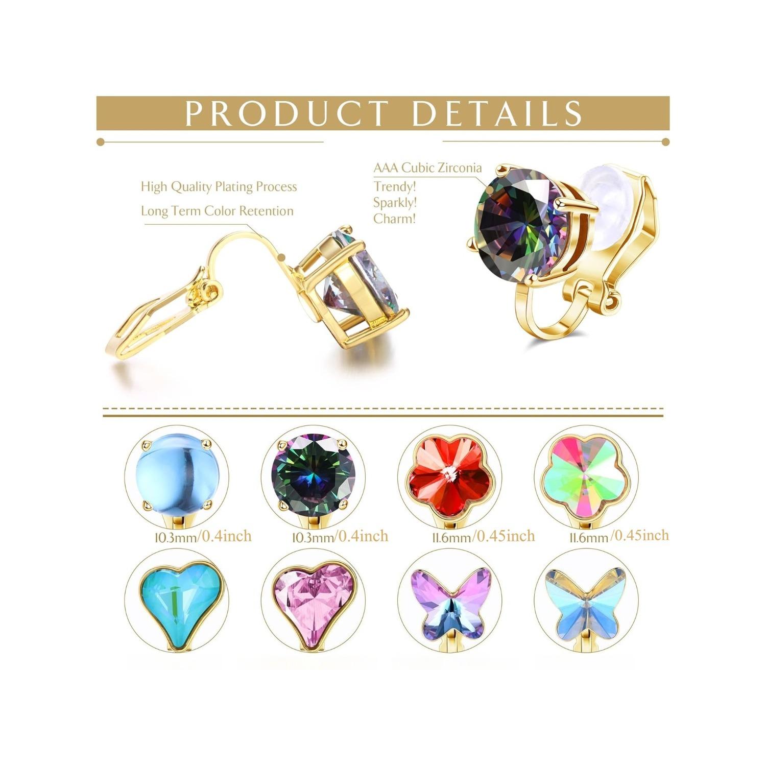 8 Pairs Clip On Earrings Set for Women - Non-Pierced CZ Heart, Butterfly, Flower Earrings - Hypoallergenic, Vibrant Color Birthstone Clip Ons