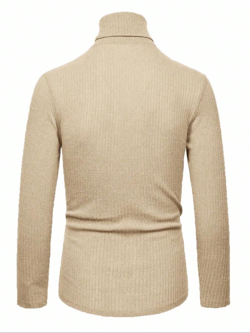 Men's High Neck Pullover Sweater, Solid Color Striped Long Sleeve T-Shirt, Casual Fitted Fit for Fall & Winter Seasons