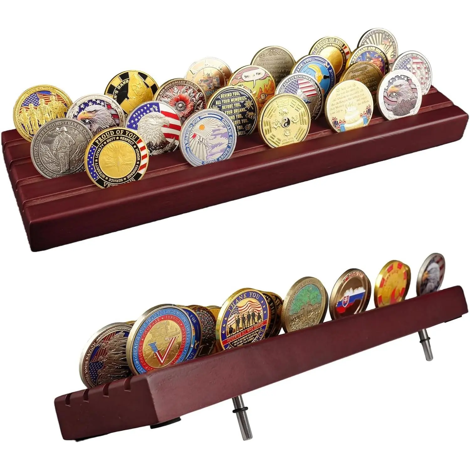 Solid Wood Challenge Coin Display Case for Collectors, Holds 30 Coins, 4 Row Slotted Military Coin Rack Stand for Desk, RedGift