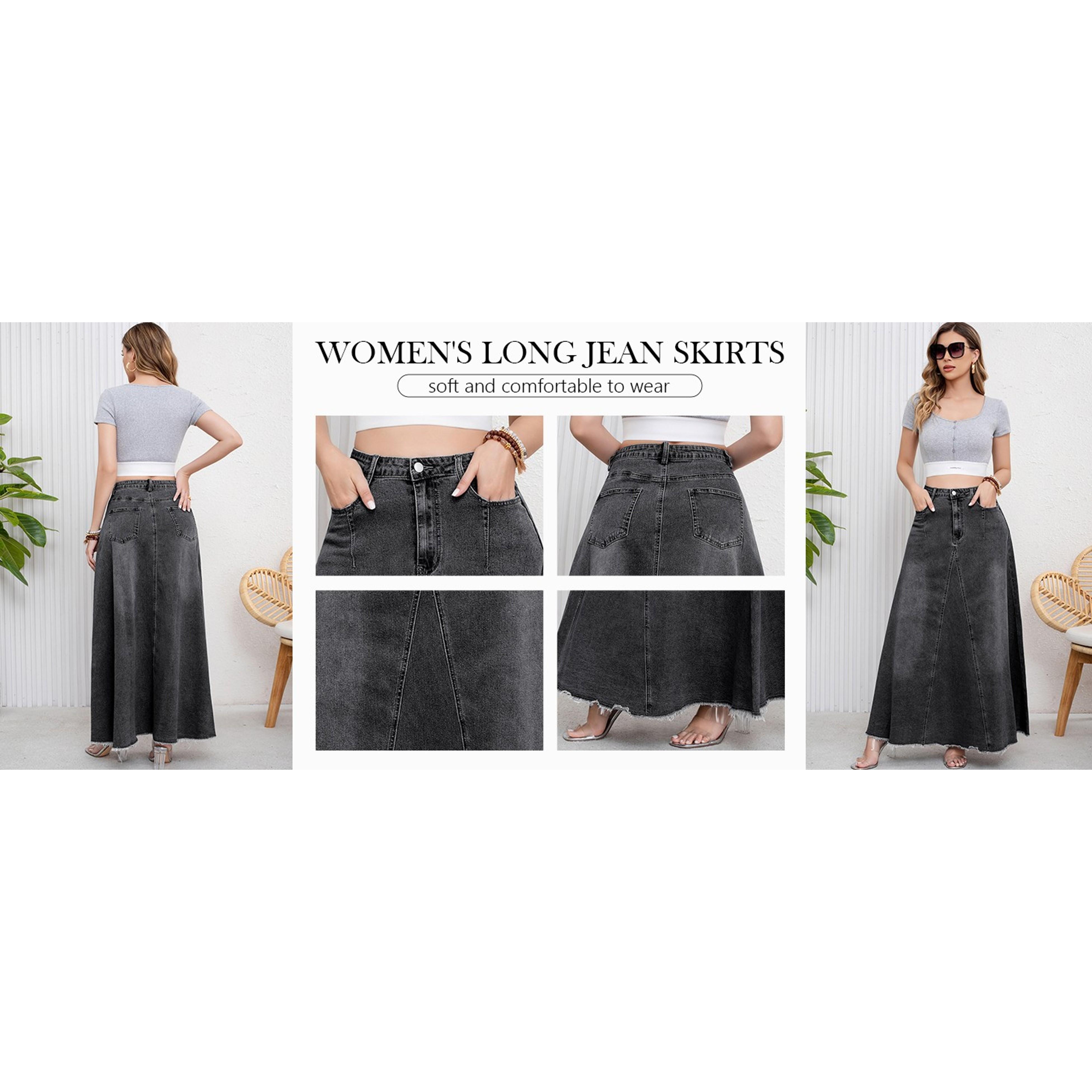 ebossy Women's Retro Distressed High-Waist Frayed-Hem Flared A-Line Patchwork Maxi Denim Skirt with Pockets, Buttons, Zipper - Casual Hippie Bottoms for Birthday, Party (Gift)