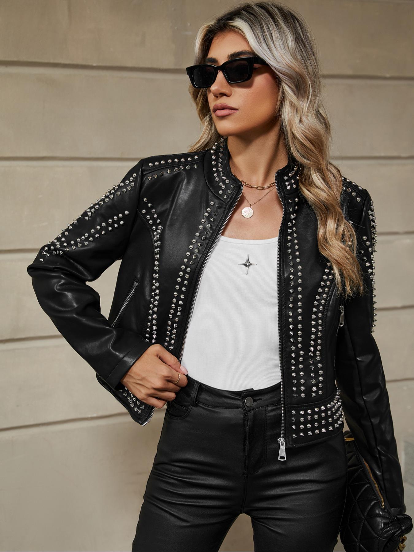 Women's Plus Size PU Jacket, Casual Fitted Plain Design, Spring & Fall Vintage Fashion Streetwear Outerwear, Stylish Women's Clothing