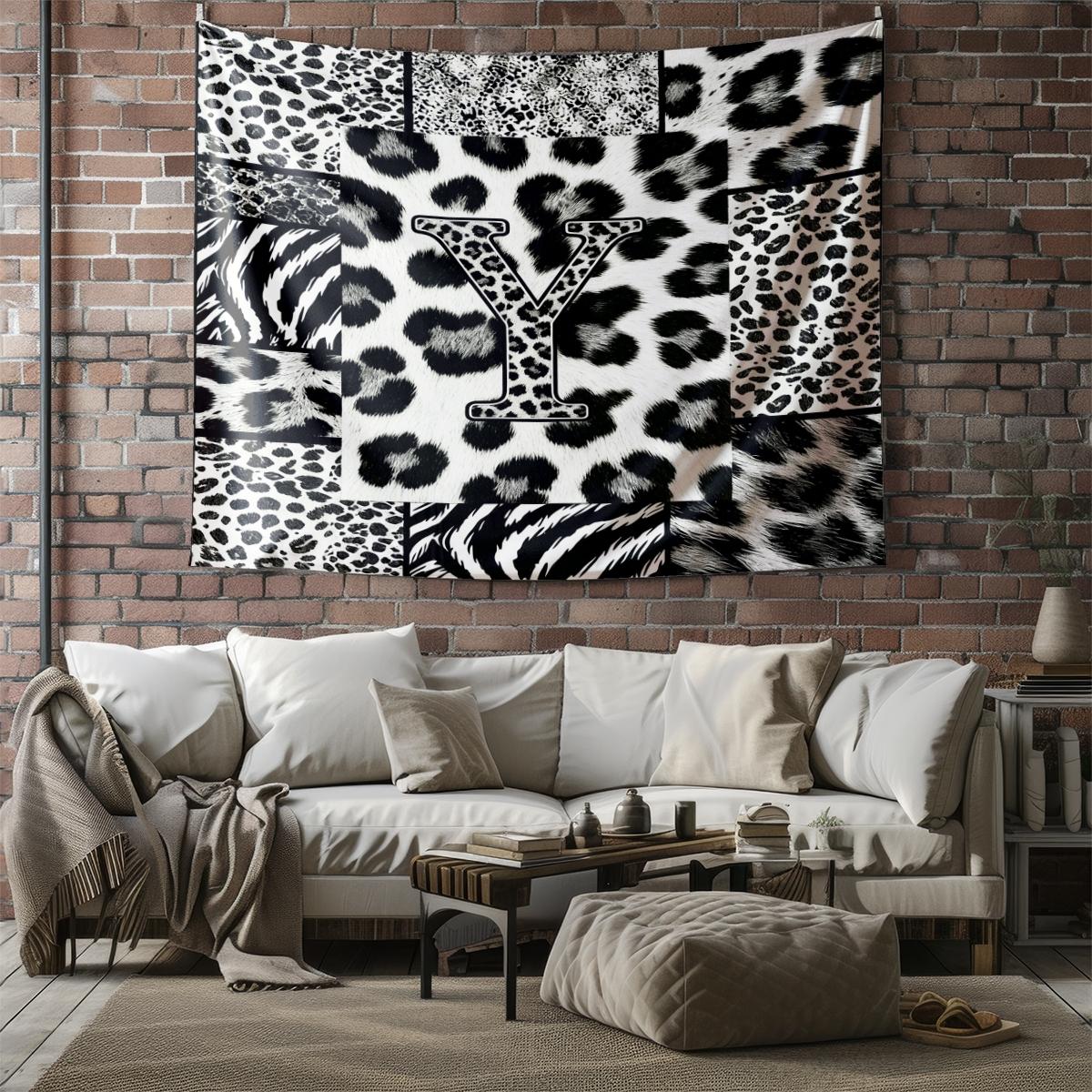 Personalized Initial Wall Tapestry, Retro Leopard Print Patchwork, Easy Care Good Shading, Suitable for Living Room Rental Wall Decor