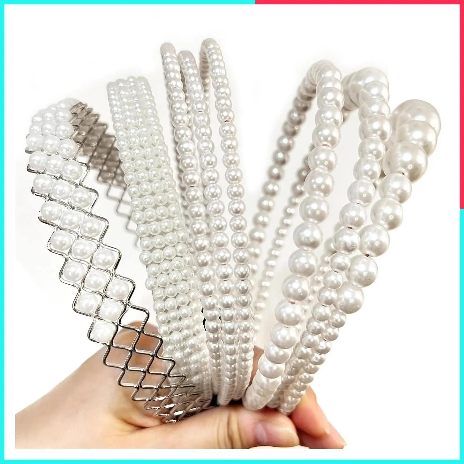 White Faux Pearl Headbands for Women, Dainty Bling Hair Accessories, 6 Pack, Perfect for Weddings & Events