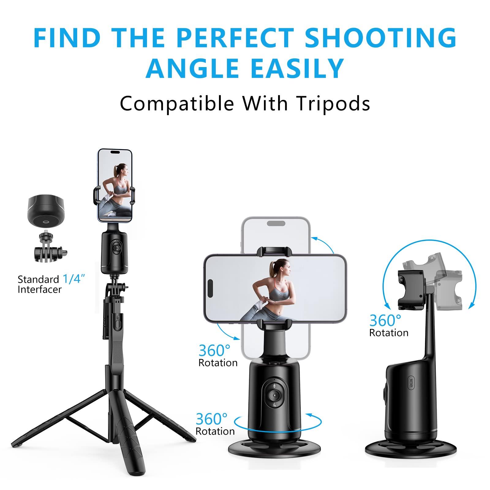 360 °   Rotating Automatic Face Tracking Cell Phone Holder Tripod, Standing Sitting Two Height Adjustable, Smart Shooting Camera Holder for Vlog Video Live Streaming, Rechargeable Battery Accessories Selfie Clip Remote Cellphone Photography Smartphone Bla