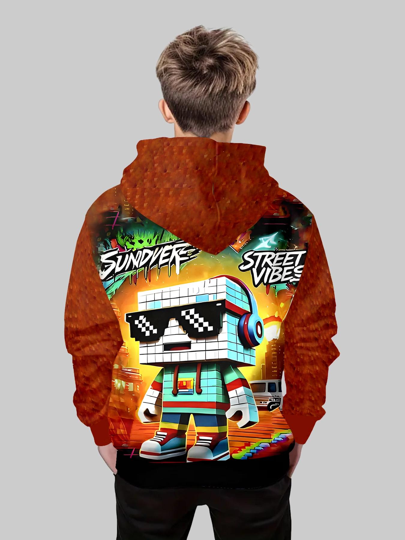 Cartoon Robot Print Hoodie for Boys, Fun Style, Anime Theme Scene ...
