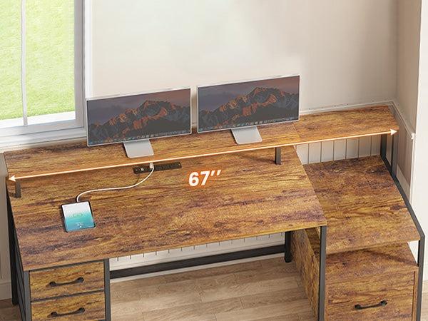 Sikaic 66 Inches LED Gaming Desk With File Drawer Power Outlet Printer Cabinet And Monitor Shelf Brown