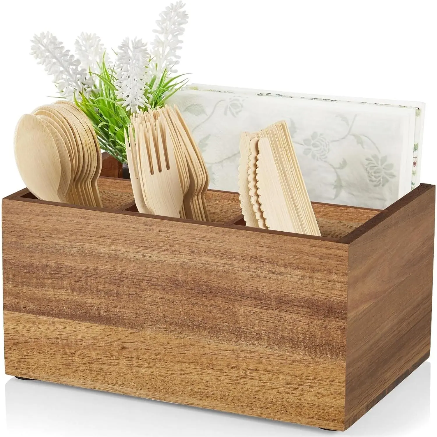 Acacia Wood Utensil Caddy, Silverware Holder for Party, Countertop Cutlery Storage Organizer for Kitchen TableGift