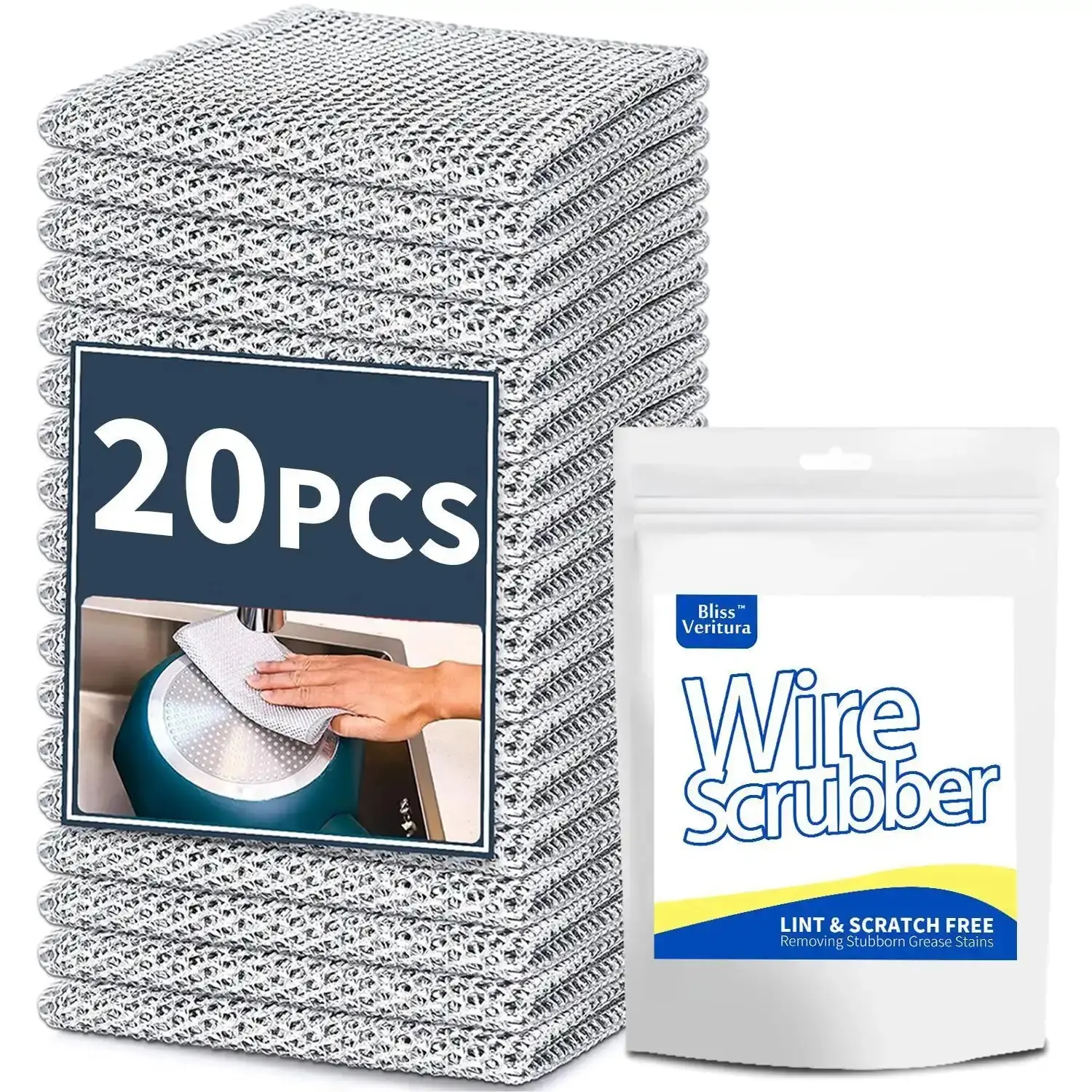 10 & 20 Pcs Double-Layer Steel Wire Scouring Pads, Heavy-Duty Silver Mesh Scrubbers, Non-Scratch Cleaning Pads for Dishes, Pots, Pans, Sinks, Stoves, Grills, Kitchen, Bathroom, Reusable, Durable, Easy to Rinse, Multi-Purpose