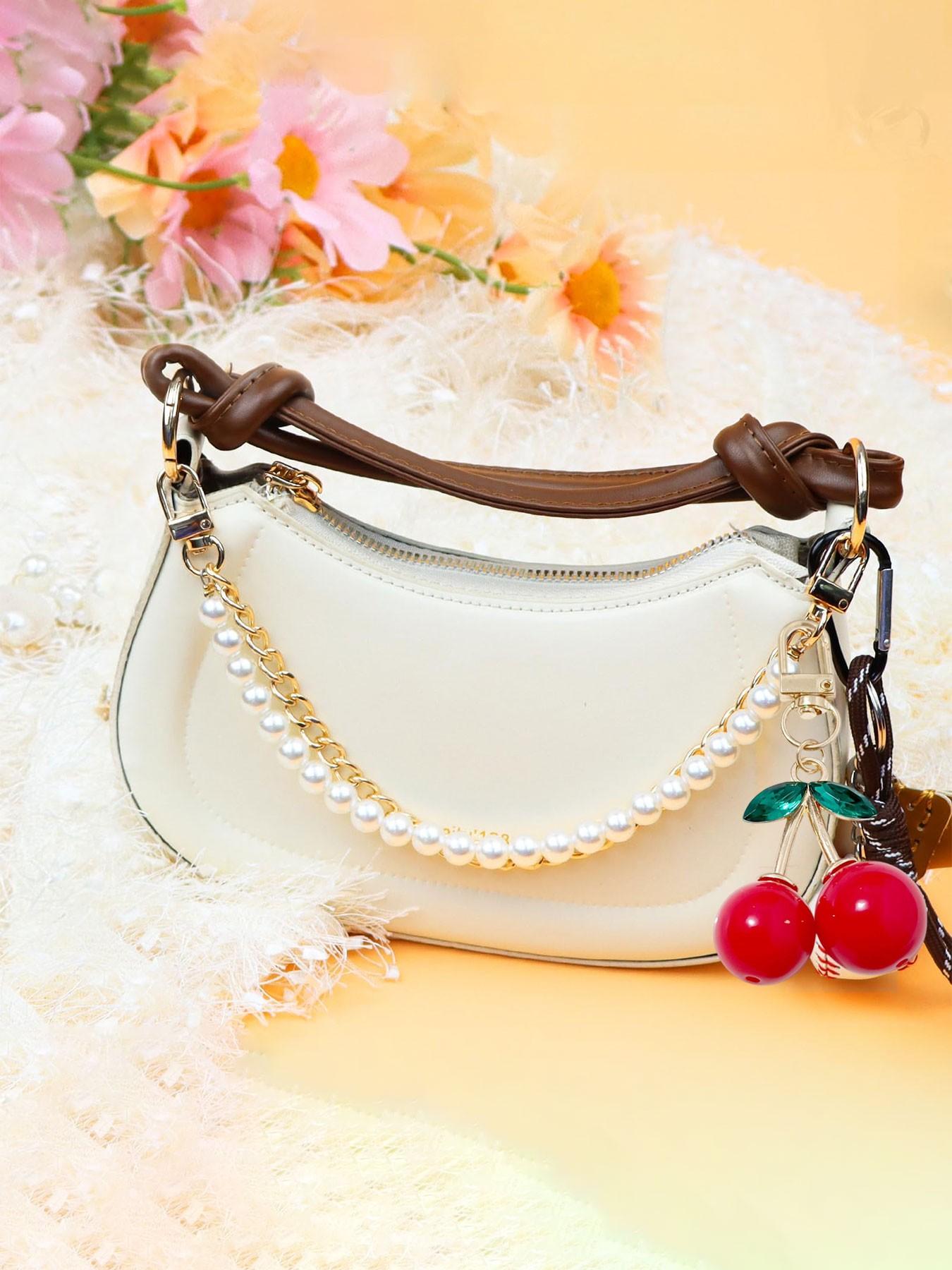 Faux Pearl Purse Chain Bag Charms with Cherry Keychain,Pearl Bag Chain Purse Charms for Handbags Pearl Purse Bag Chain Extender Gold Metal Purse Straps Extender Short Handle Replacement Handbag Strap Bag Purse Accessories Belt Chain Cherry Pendant Keyring