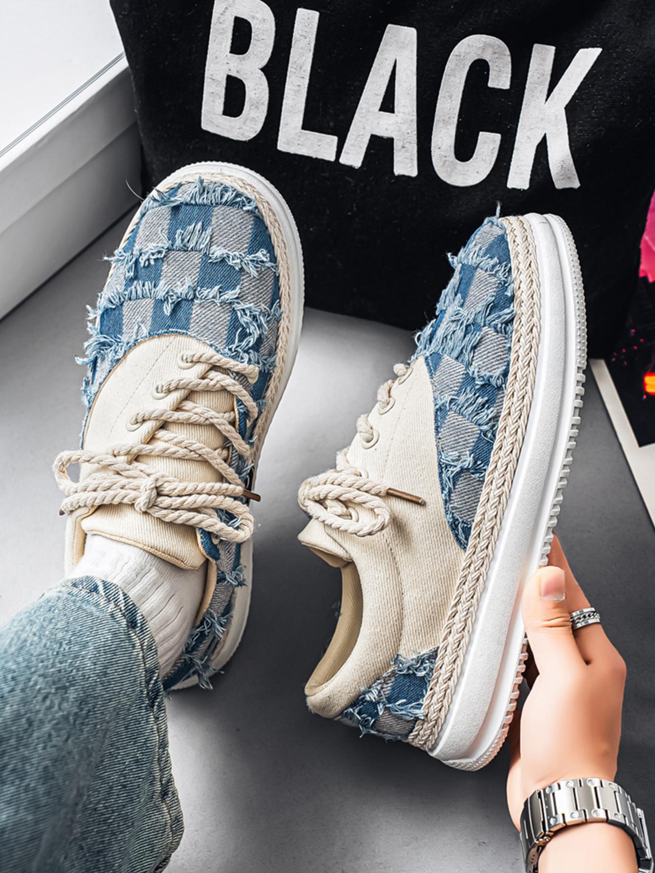 Summer New Men's Plaid Patchwork Hemp Rope Laces, Vintage Straw Trim Soft Elastic Thick Sole, Casual Checkered Shoes for Commute and Streetwear