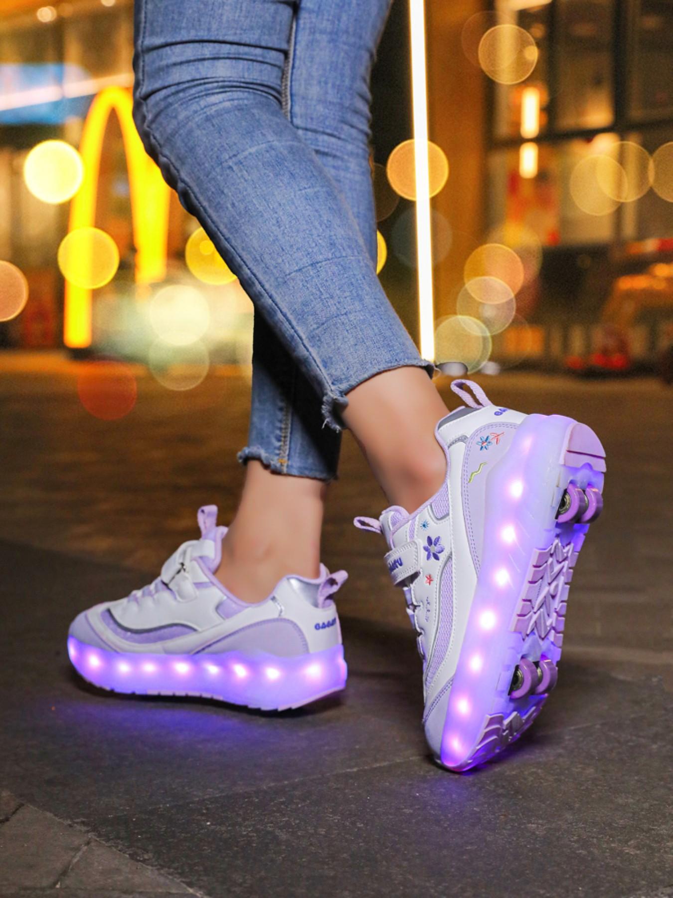 Girls' Four-Wheel Roller Skates, New Wheel Sports Shoes, Adjustable Velcro Skate Shoes, Breathable Mesh, LED Light-Up, USB Charging, Shoes with Wheels