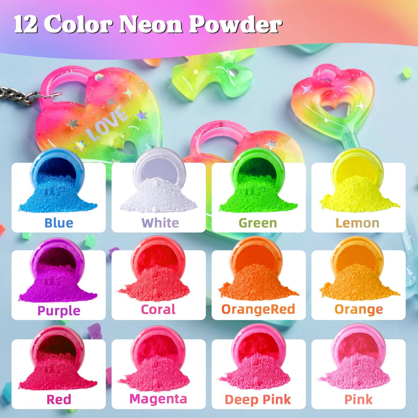 12Colors Neon Pigment Powder, Fluorescent Powder, Chritmas Gifts, 10g/Bottle of Mica Powder for Epoxy Resin, Nail, Tumblers, Soap Making, Slime & Candle, Painting, and DIY Crafts - LET'S RESIN 12Colors Neon Pigment Powder, Fluorescent Powder, Chritmas Gifts, 10g/Bottle of Mica Powder for Epoxy Resin, Nail, Tumblers, Soap Making, Slime & Candle, Painting, and DIY Crafts - LET'S RESIN
