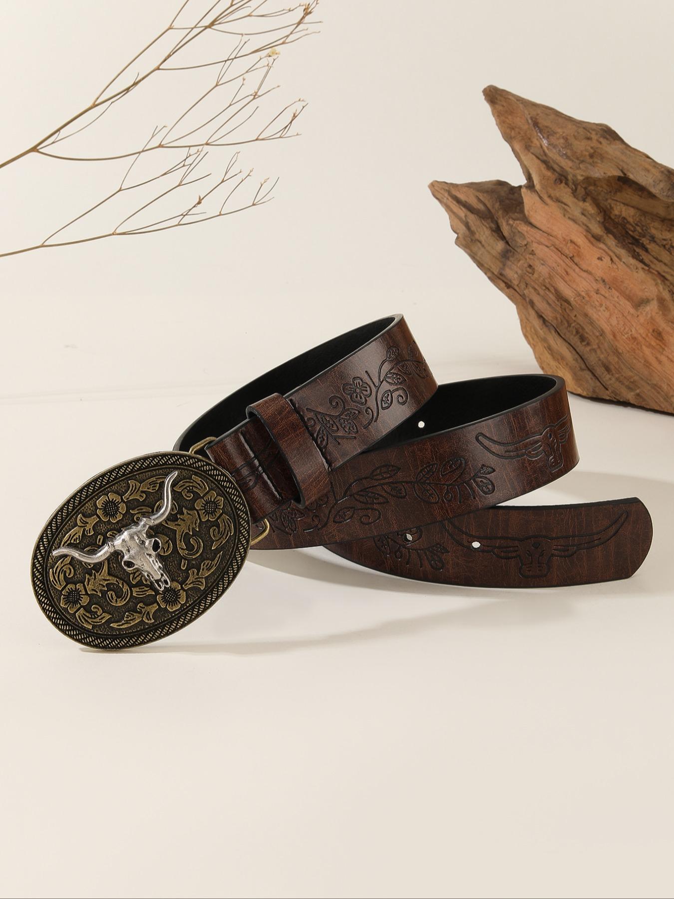 Vintage Flowers Embossed Western Belt with Cow Decor Buckle, Western Belt Buckles, Fashion All-match Cowboy Waistband for Jeans, Trendy Accessories for Daily Life