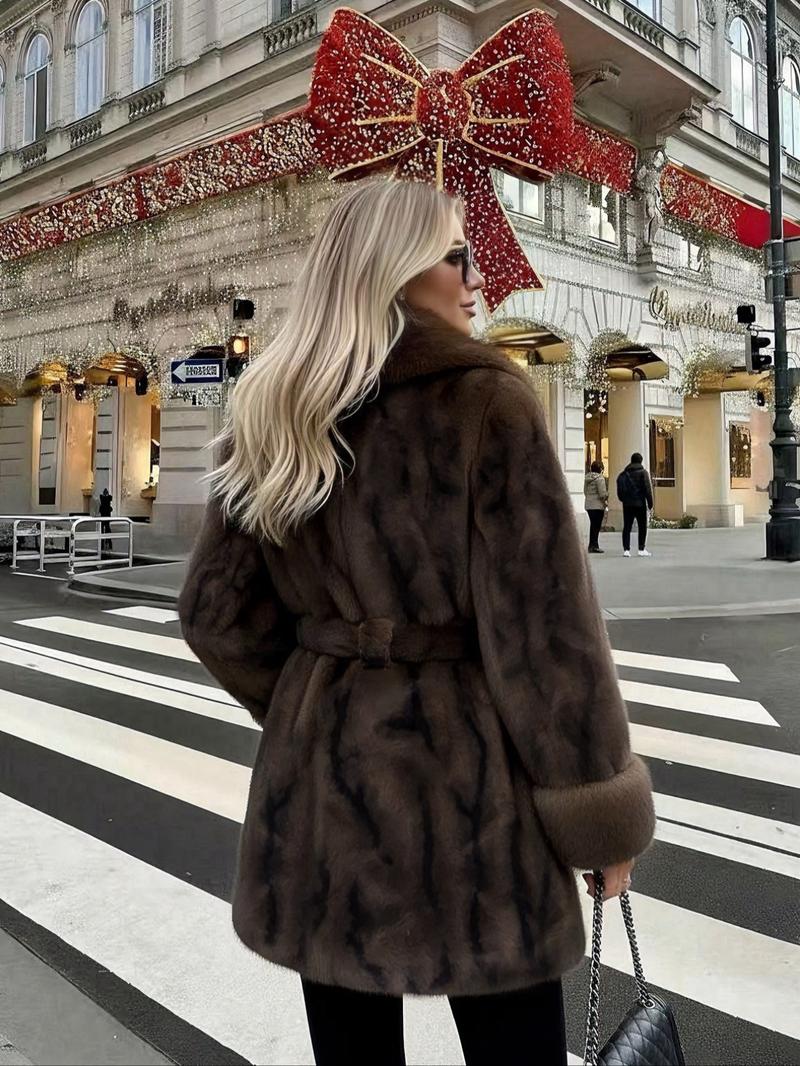 Women's Belted Faux Fur Coat, Winter Fashion Long Sleeve Coat with Pocket, Casual Warm Outerwear, Stylish Daily Wear, Perfect for Cold Weather