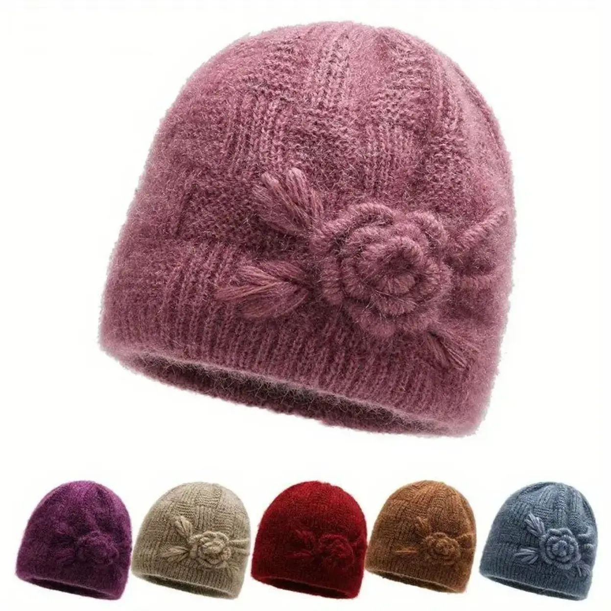 Women’s Crochet Beanie Hat - Artisan Floral Motif, Soft Stretchy Knit Yarn, Casual Everyday Use, Nice Fit, Safe Material, Warm Handcrafted Accessory for Cold Winter