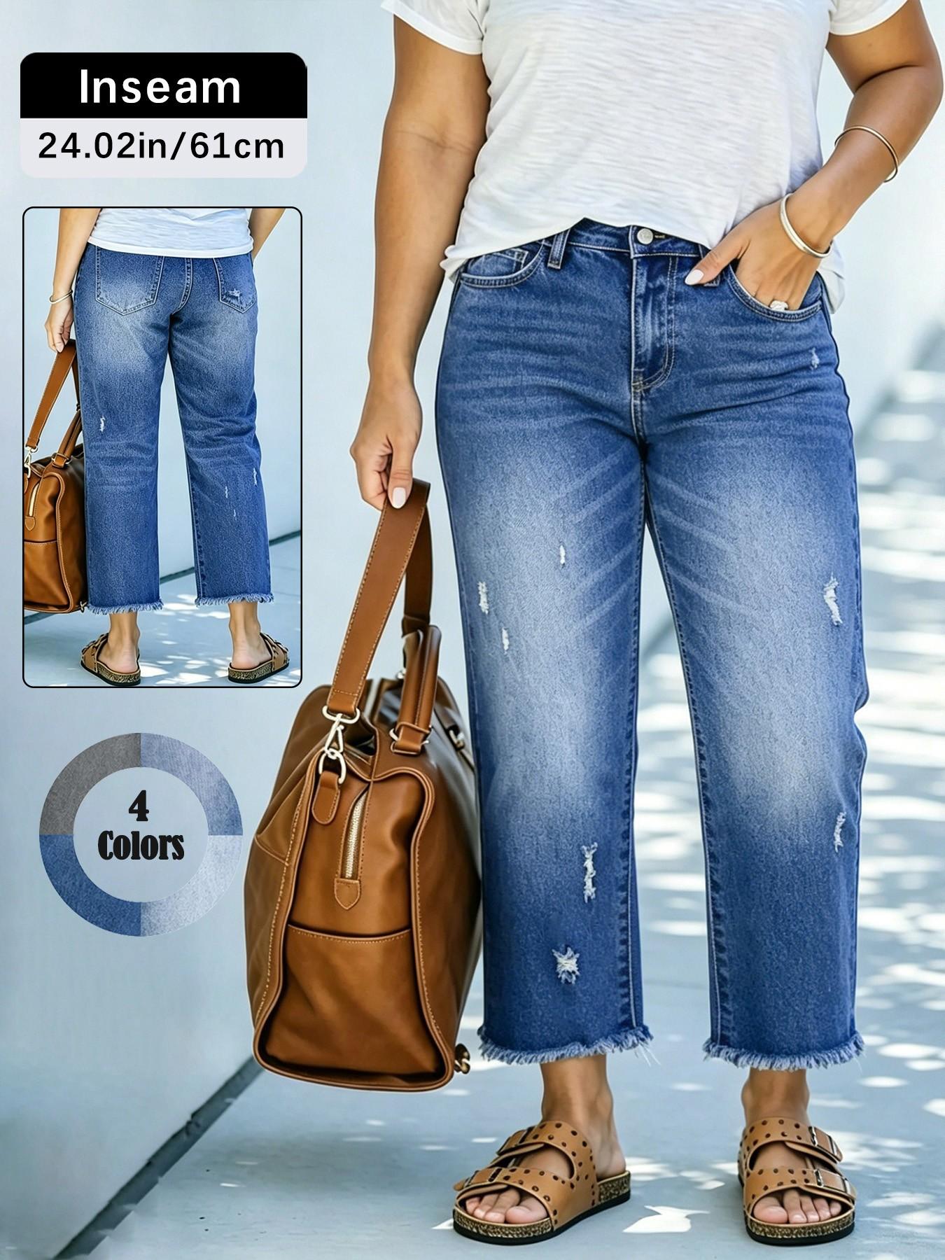Women's Plus Size Mid-Waist Ripped Jeans, American Vintage Washed Edge Design, Casual Daily Wear, Loose-Fitting, All Seasons