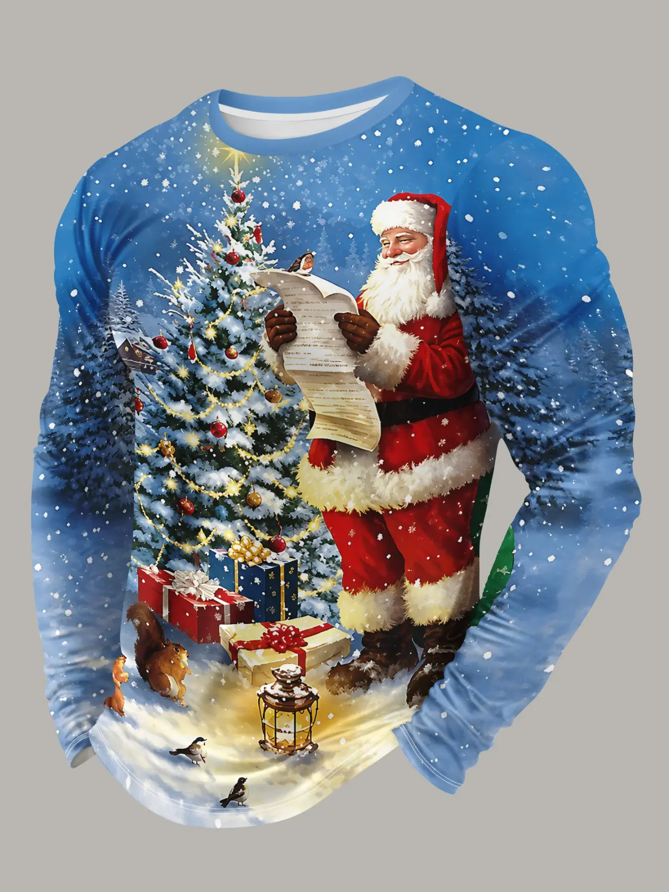Forest Snow Scene Santa Digital Print Long Sleeve T-Shirt, Festive Loose Fit Christmas Top, Casual All over Print Tee for Spring & Fall