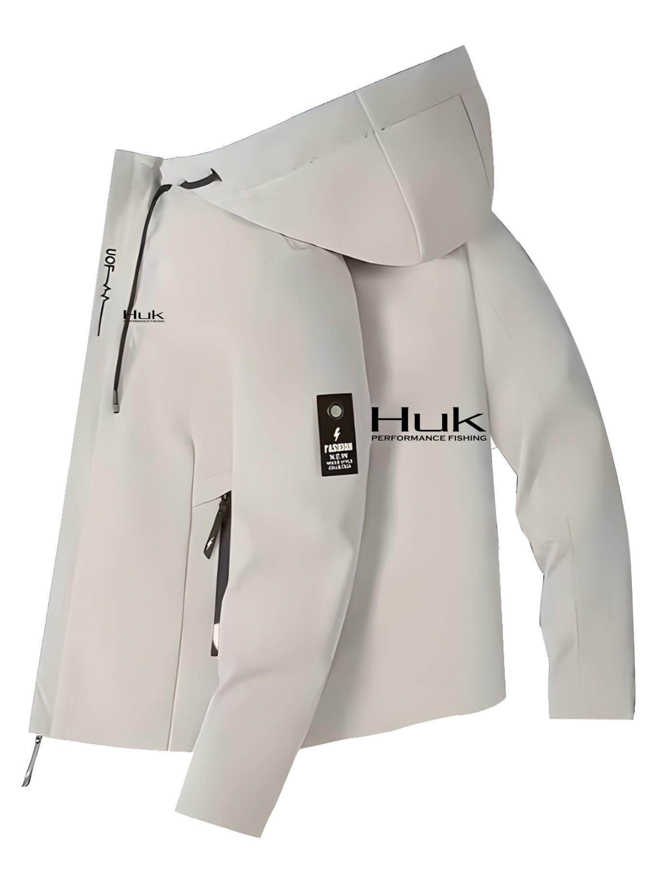 Men's Fashionable Huk Logo Jacket, Zipper Pocket, Casual Hooded Design, Polyester Material, Spring & Fall Wear, Slim-Fitting Outerwear