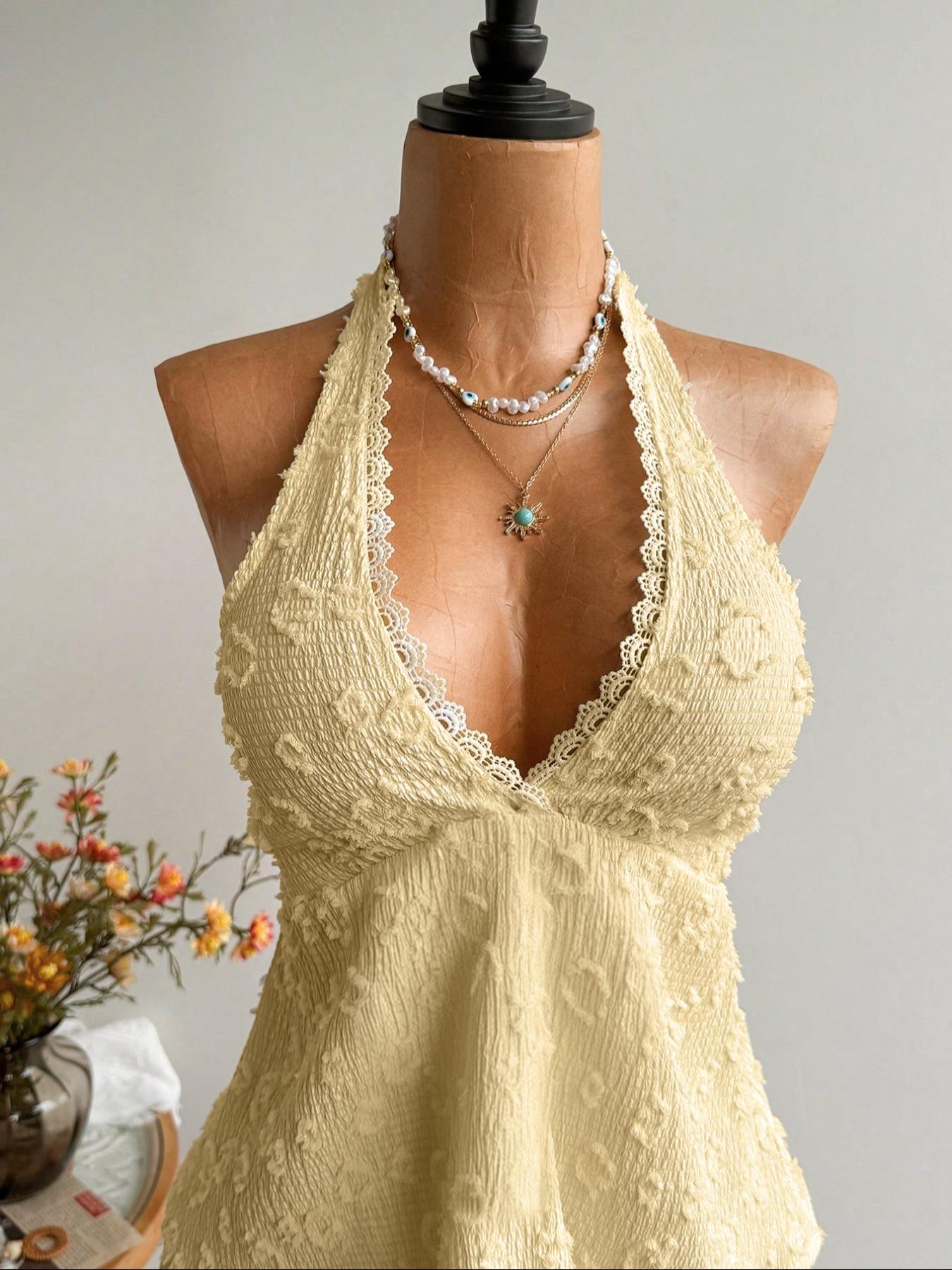 Women's Fashion Comfortable Casual Fitted Lace Patchwork Tie-Back Halter Tank Top Vest, Stylish Backless Design, Perfect for Daily Wear