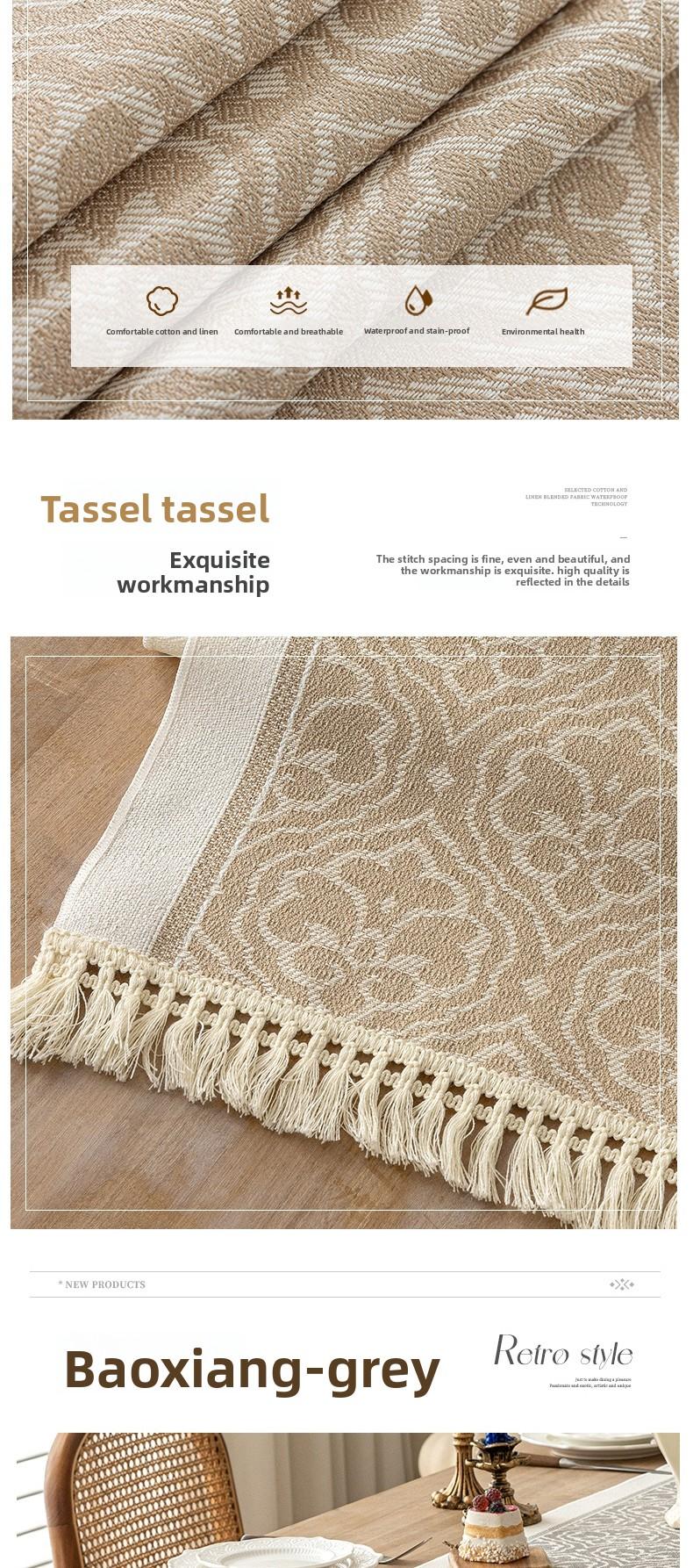 Nordic Style Waterproof Cotton Linen Table Runner, Jacquard Pattern with Tassel Trim, Dining Table Decor