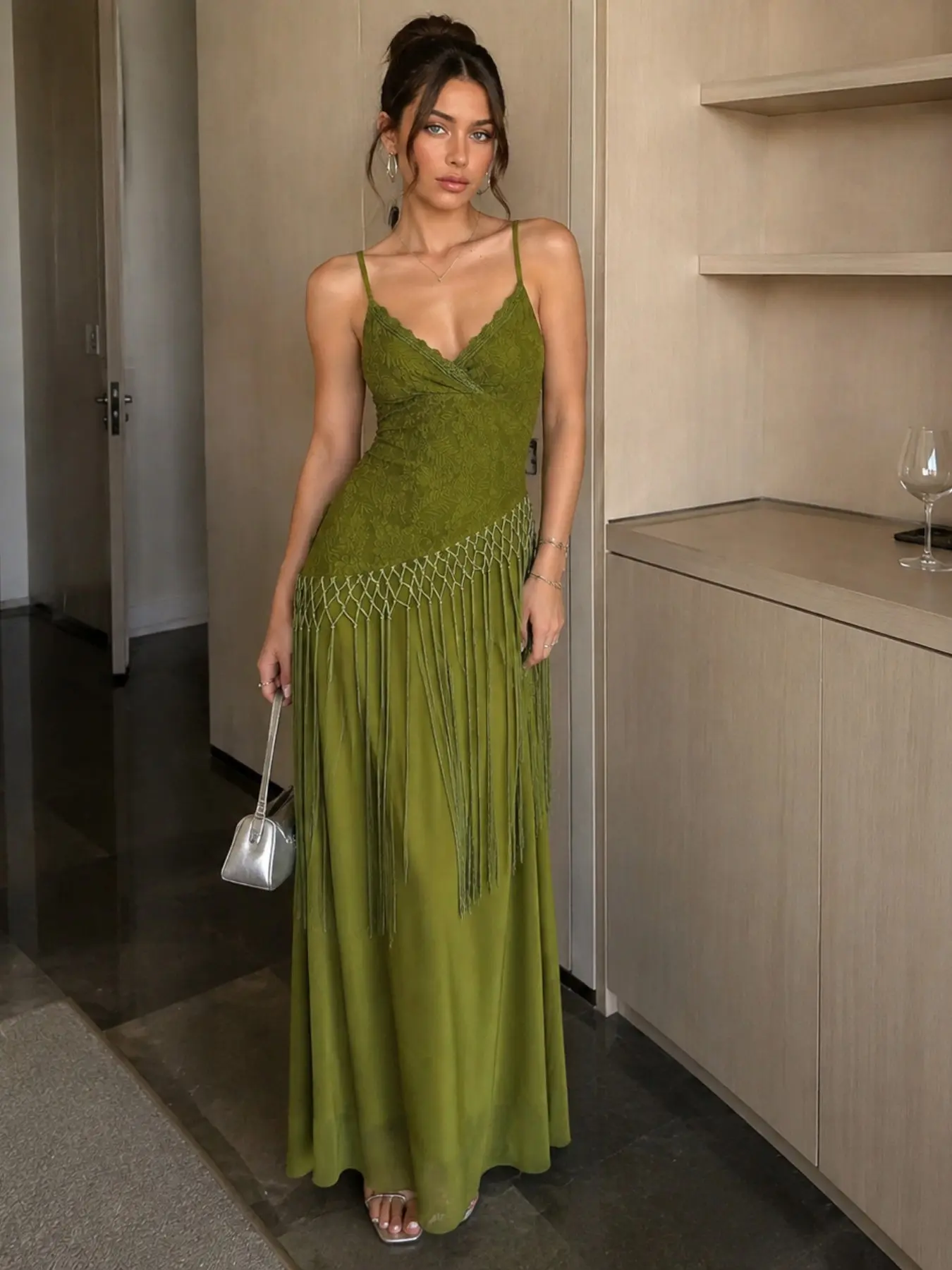 Holiday Style Lace Contrast V-Neck Halter Dress, Vintage Chic Tassel Backless Long Dress, Sexy Two-Piece Fish Tail Dress