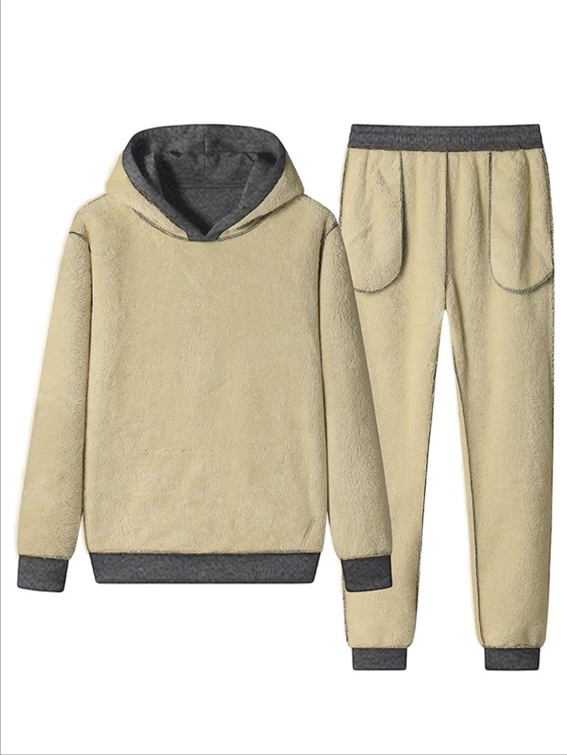 Men's Fall Winter Two-Piece Set, Hooded Plush Jacket & Casual Pants, Plus Size, Multiple Colors, Ideal for Outdoor Activities