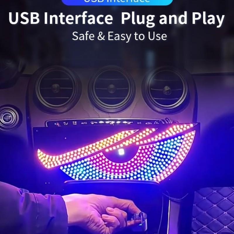 11 Modes Dynamic Demon Eye Car Logo Sticker Light USB plug-and-play windshield decor lamp with no wiring required. Long press for power on/off, single key to switch light modes. Self-adhesive backing enables hassle-free tool-free installation.