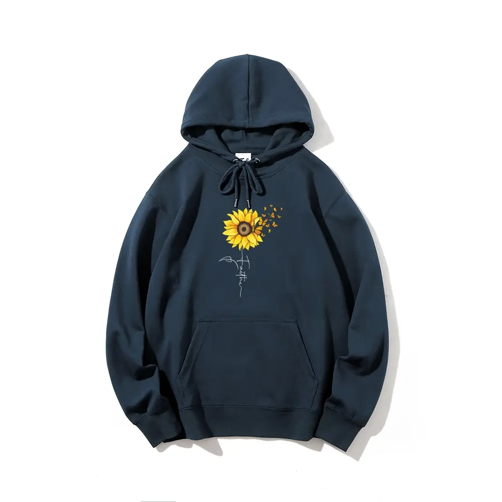 Women's Comfortable Adjustable Ribbed Kangaroo Pocket Sunflower-Butterflies Print Hoodie, Everyday Long-Sleeve Crewneck Pullover for Fall-Winter Holiday Outdoor Wear, Casual Streetwear Tops