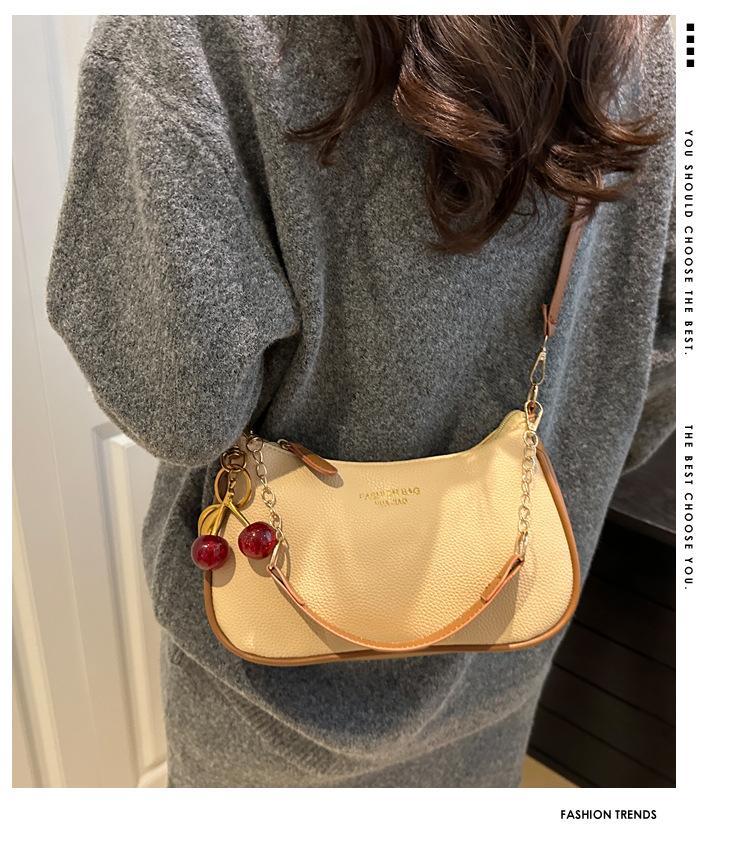 Women's Viral Cherry Charm Synthetic Baguette Bag - Cute Mini Shoulder Bag with Gold Chain, Ideal for Brunch, Date Night, Crossbody Daily Use