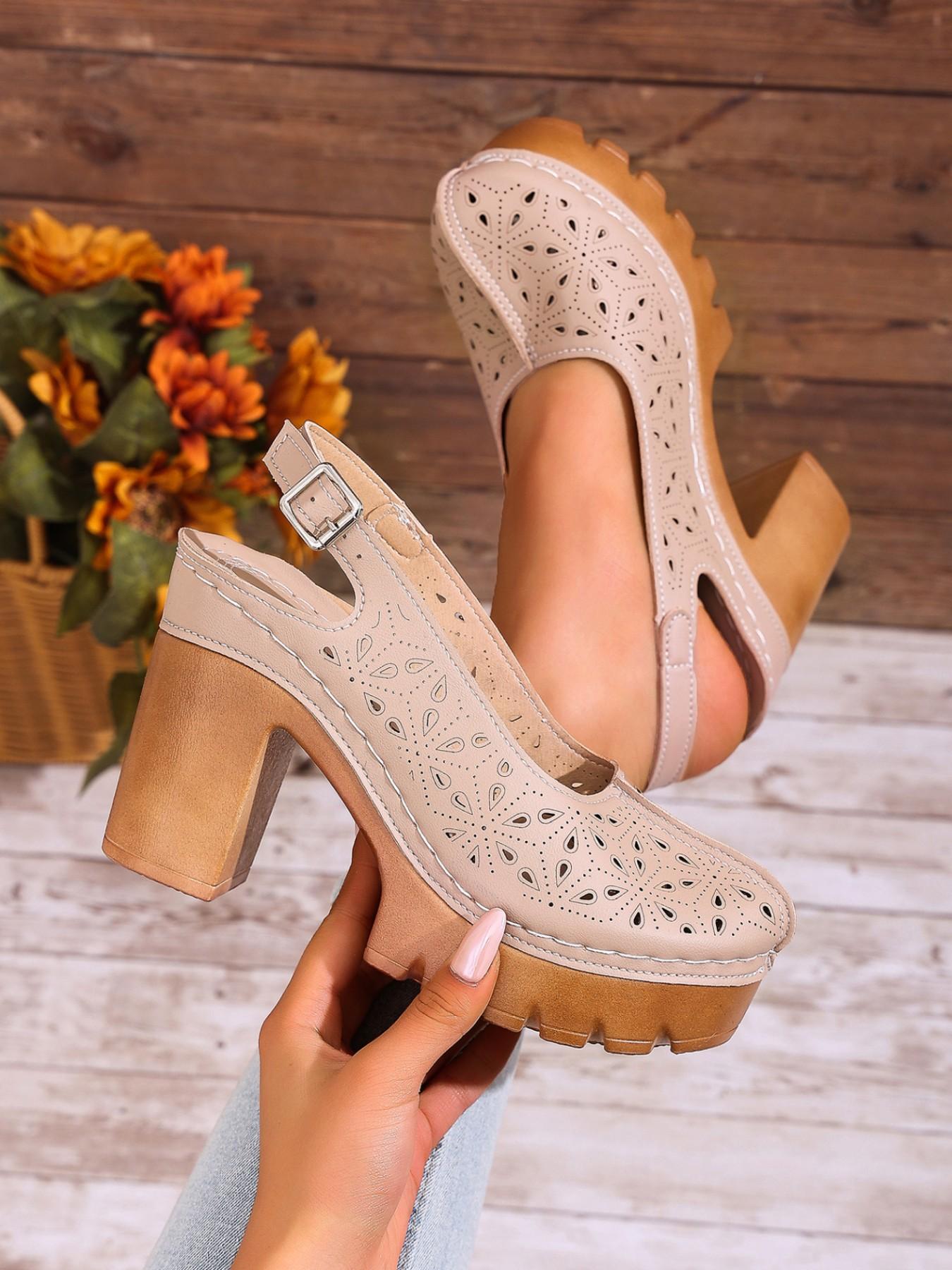 2026 Summer New Retro Thick Heel Sandals for Women, Hollow Out Floral Design, Waterproof Platform High Heels, Versatile Outdoor Wear