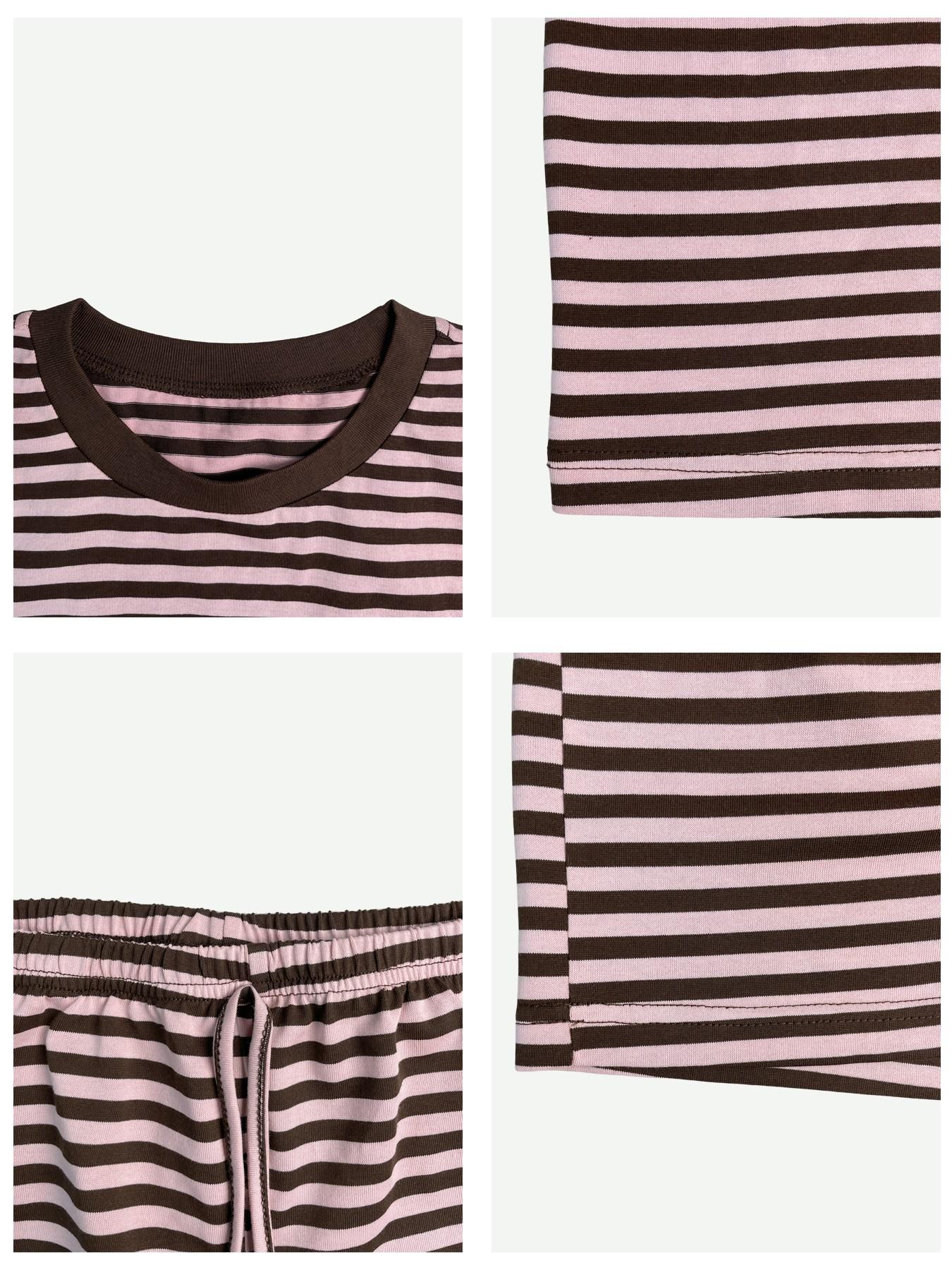 2 Spring Summer Stripe Print 2 Piece Outfit Women Clothes | Oversized T-Shirt + Drawstring Shorts | Soft Casual Lounge Set | Y2K Clean Girl Style for Daily Home Vacation Wear