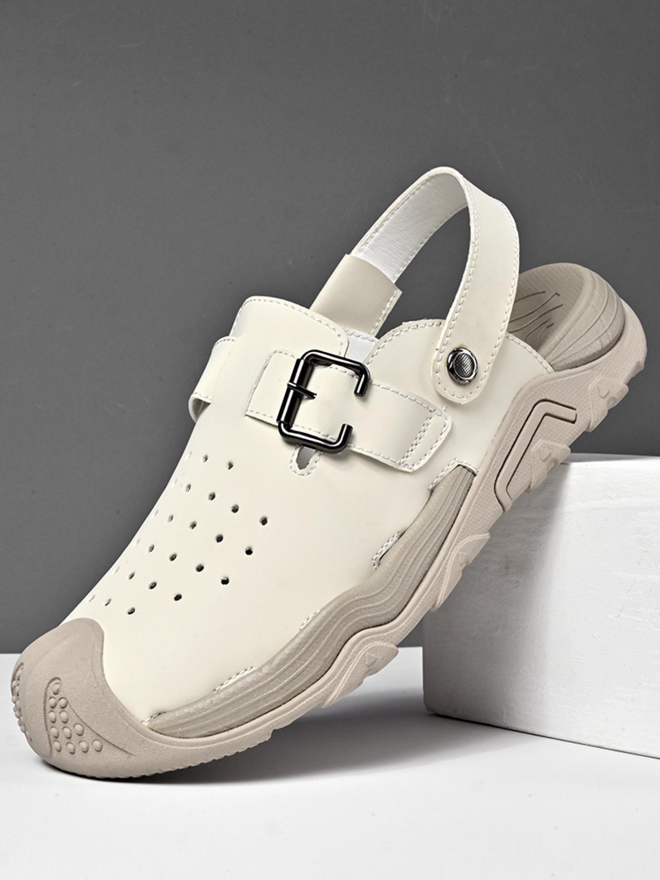 Men's Solid Color Dual-Wear Closed-Toe Perforated Sandals, Adjustable Velcro Non-Slip Beach Shoes, Breathable Outdoor Water-Slippers