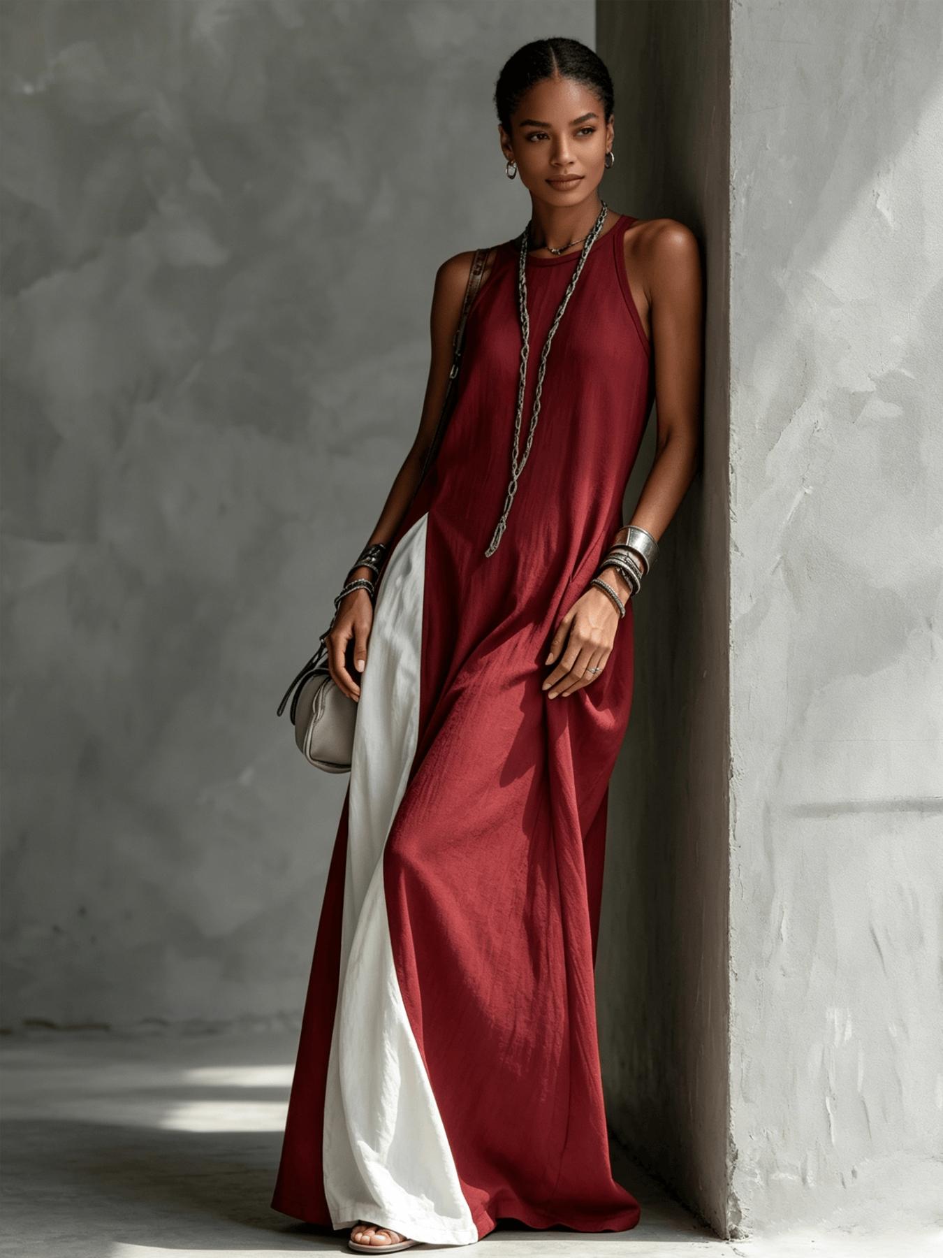 A women's color-blocking dress, Casual Beach Dress, Beach Resort Wear, with sleeveless vest, draping and flesh-concealing long skirt, suitable for summer, beach vacation, exploring shops, attending exhibitions, dating, and enjoying afternoon tea