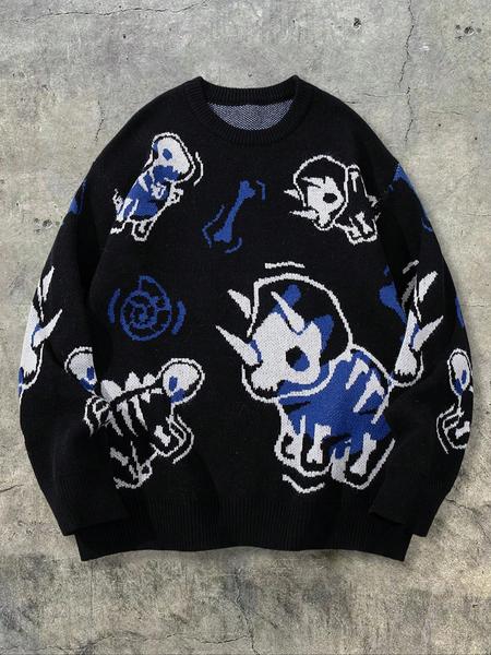 Men's Street Style Dinosaur Print Long Sleeve Round Neck Sweater, Casual Loose Fit Pullover for Spring & Fall Daily Wear