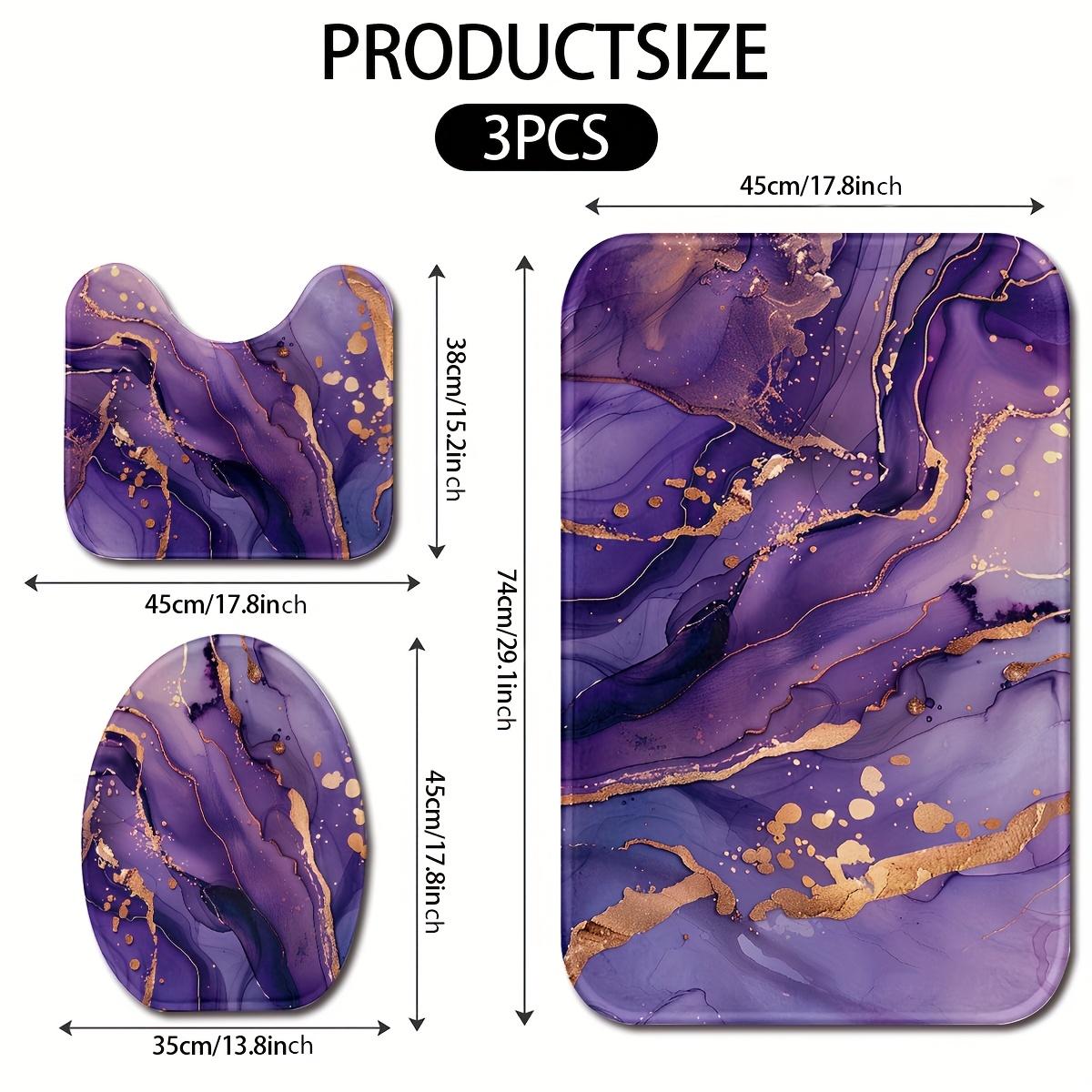 3pcs Purple Marble & Golden Flannel Bathroom Mat Set - Non-Slip, Soft, 100% Polyester, Modern Design - Includes U-Shaped Toilet Mat, Toilet Lid Cover & Rectangular Rug - Stylish Home Decor Accessories, Bathroom Deco